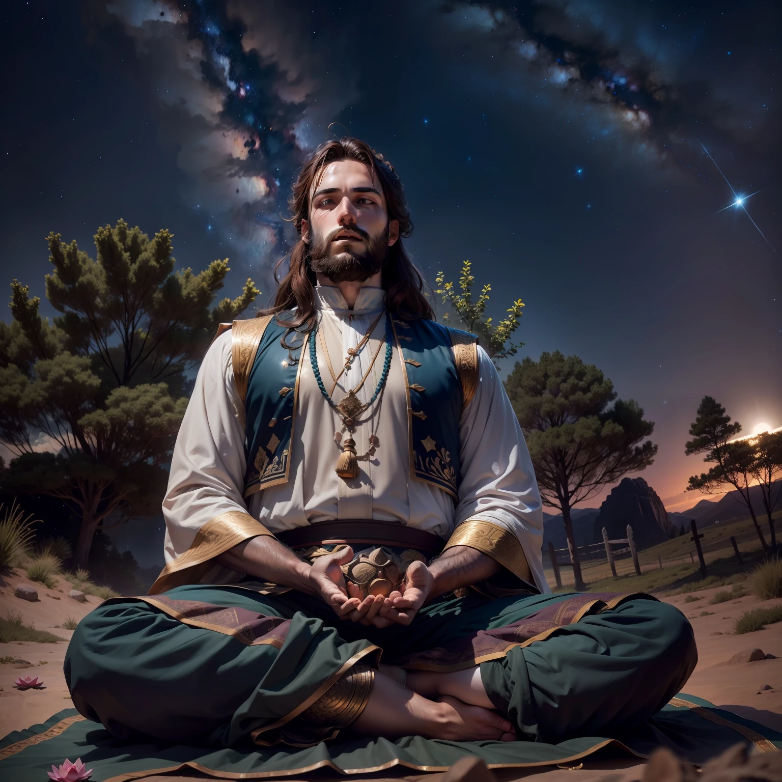 frontal view, natural light, Joshua meditating in the wilderness, brown beard, brown hair, lotus position, night, focus on historical clothing, starry sky, (milky way), 4k, HDR