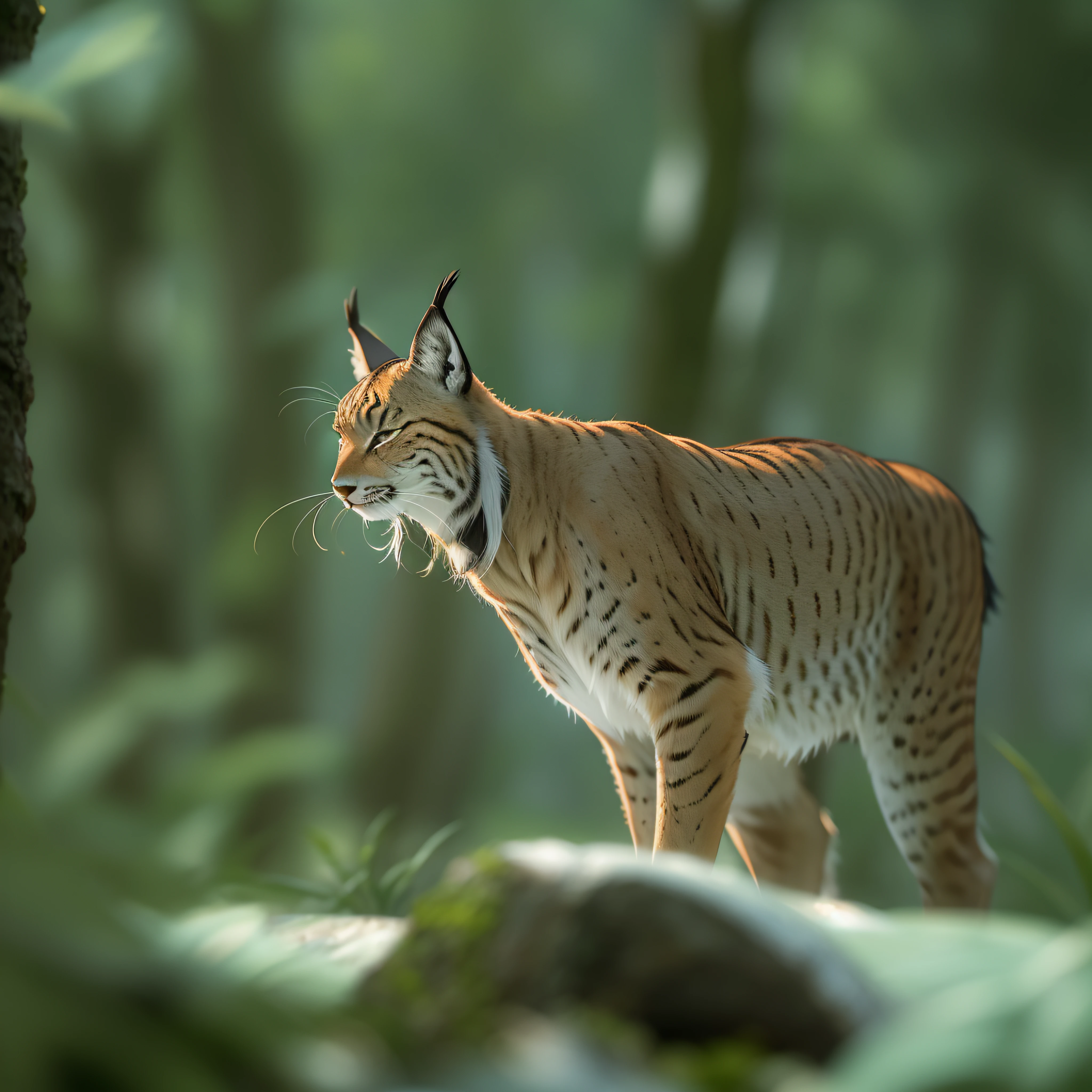 lynx stalking its prey, Front view, Front facing, stealthy, Forest background, Dof, award winning wildlife photography, Photorealistic, 8k, Highly detailed, Anatomically correct, legs render, Low angle, 70mm, 16 megapixels, Natural light