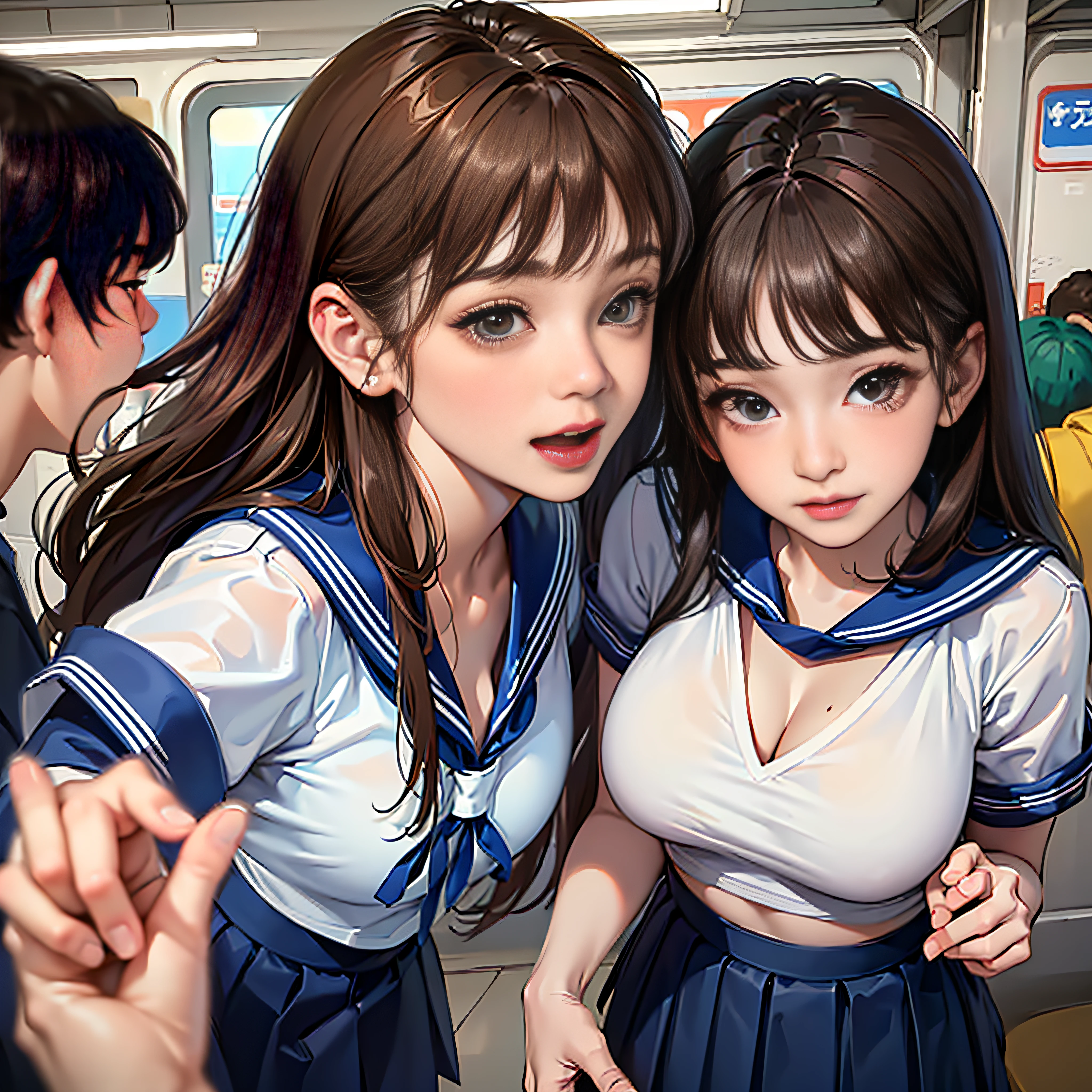 ((Realistic lighting、top-quality、in 8K、masterpiece:1.3))、Clear focus:1.2、twogirls、Perfect figure:1.4、Slim abs:1.1、((dark brown hair))、(White crop top:1.4)、(outside of house、natta:1.1)、Street、Super fine face、Narrow-eyed、二重まぶた、Beautiful fece、Opened mouth:1.8、Smile、Staring at the camera with a refreshing smile、Two beautiful sisters who are most famous in the world、Constriction of the lower back、Beautiful legs、Taut skin、Highly detailed facial and skin texture、A detailed eye、thin cheeks、Healthy skin、(Layered hairstyle、dark brown hair)、(large full breasts)、((disheveled outfit and hair:1.2))、(Elegant Japan sailor suit:1.5)、((skirt Lift:1.3)), (Large breasts emphasis、Natural cleavage)、(Cuddle in an incredibly crowded subway train))、frombelow、((Blushing expression:1.5))、