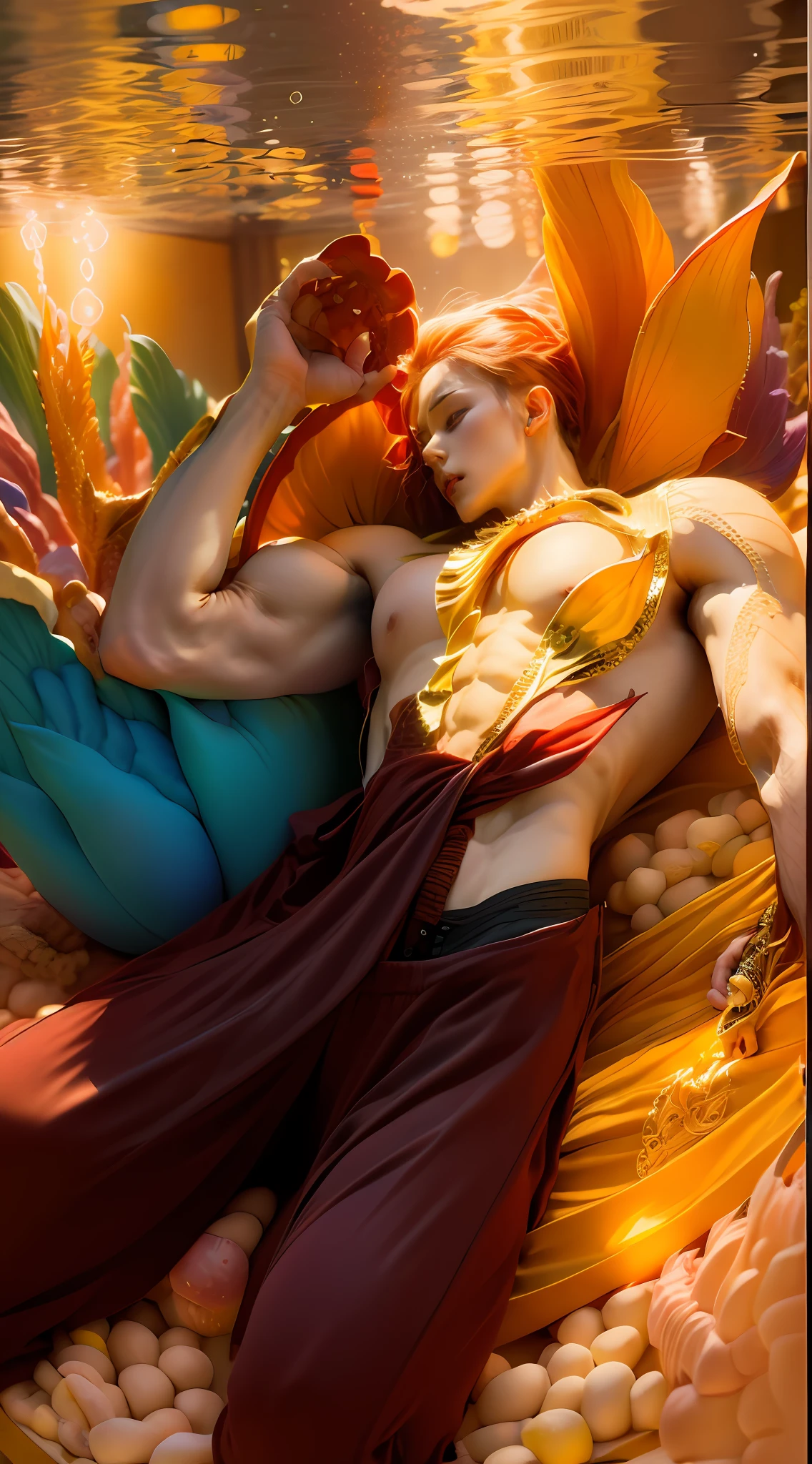 male genitals,male, 20 years old, sexy muscles, mermaid male, so sexy, sexy, The movie character Mermaid is covered in brilliant golden-red scales,Glittering,The ears are slender and delicate,Colorful bubbles,Structured,Full of special effects,Distinctive features,complete fingers,24k,moist skin,Pose for the camera,Perfect fishtail,perfect body, super muscular, barebacked,barebacked