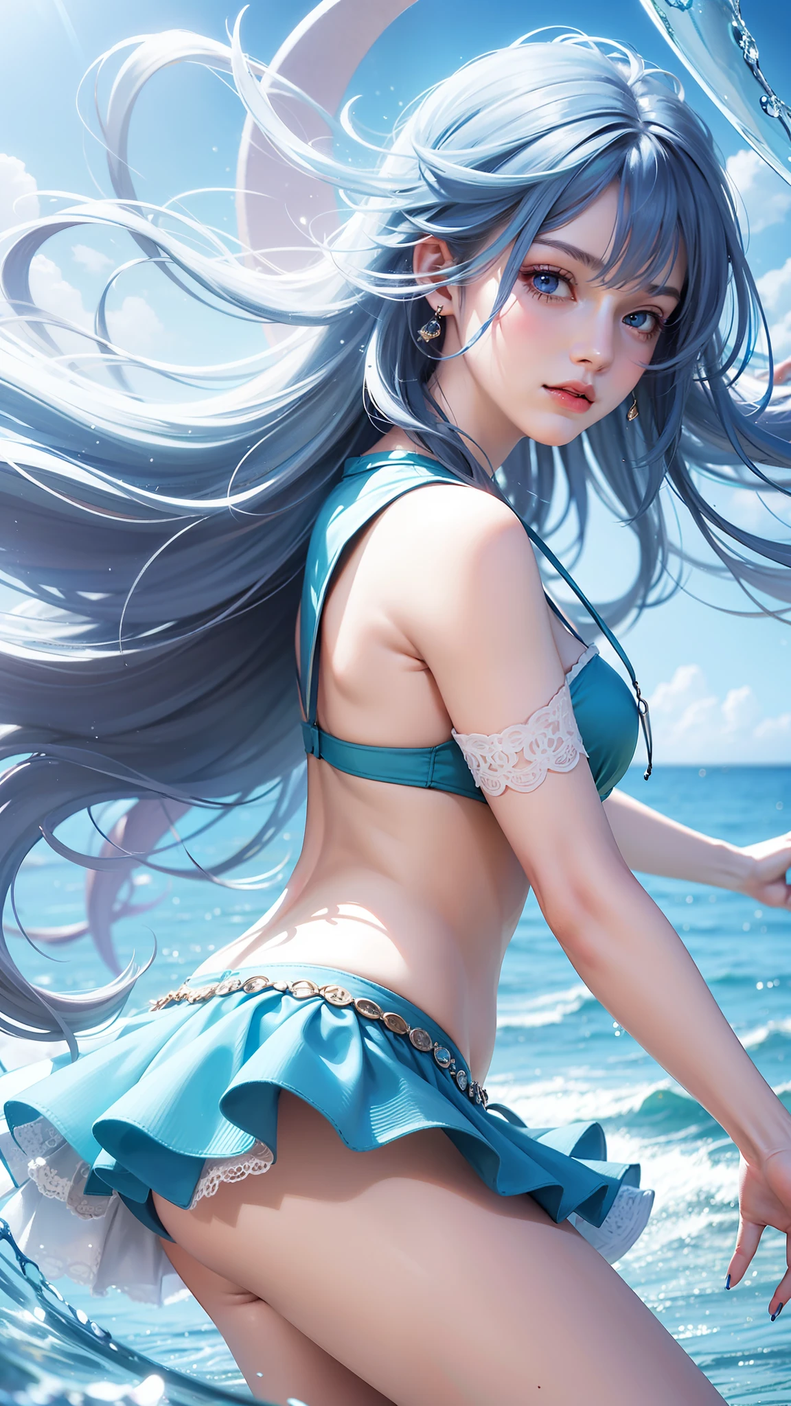 ((high quality)), ((masterpiece)), 8k, 1 girl, extremely detailed CG unity 8k wallpaper, looking at viewer, blue hair, long flowing hair, seabed, water, short blue skirt, fairy, wingless, blue nails, blue eyes, gentle smile, dreamy, harf body, blue as main, fine detailed eyes, detailed face, fine quality eyes, realistic lighting, backlight, face lights, ray tracking