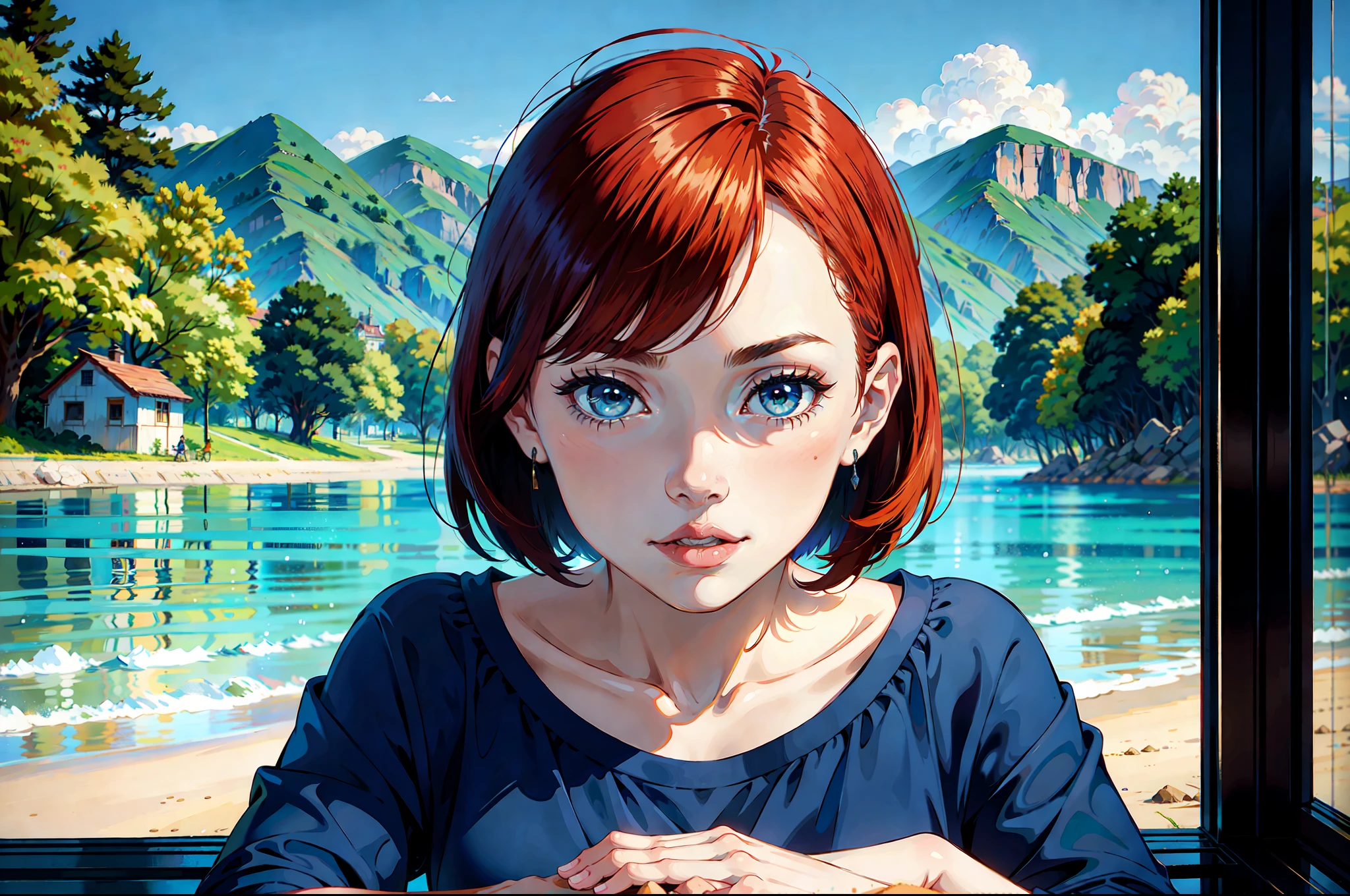 there is a young woman with a short hair and a blue shirt, perfectly centered portrait, 7 0 mm portrait, ginger haired young woman, 4 k asymmetrical portrait, head centered portrait, landscape