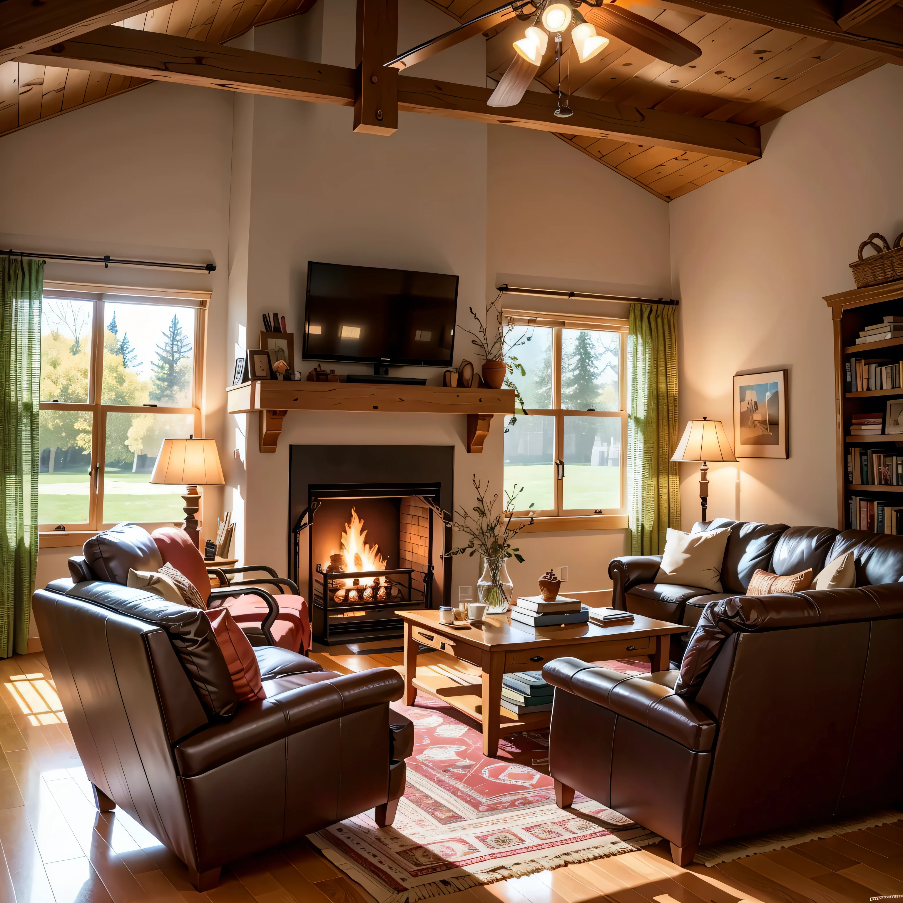 ((realistic)), A cozy and inviting living room, filled with comfortable furniture and warm lighting. A crackling fire roars in the nearby fireplace, while books and board games invite family and friends to gather and spend quality time together.