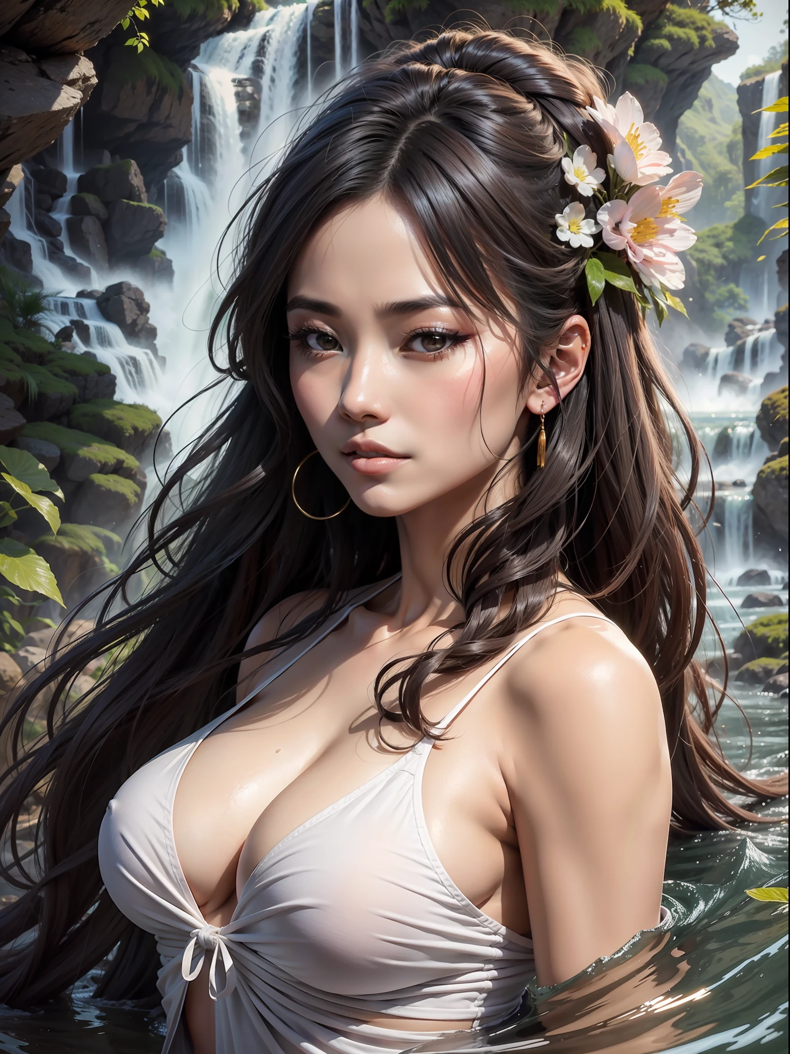 wuxia mulher, Alegre, mid chest, in the waterfall