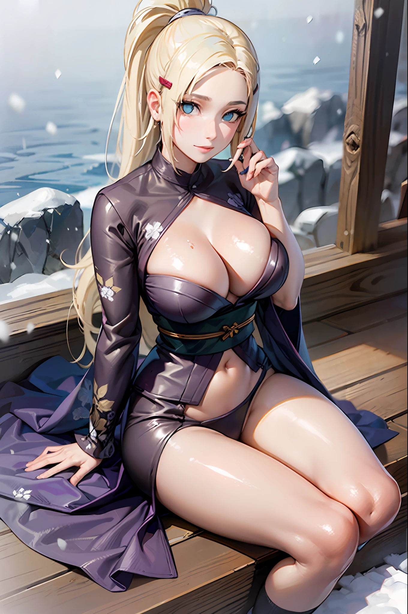 yamanaka ino, hair light, Cyan eyes, 独奏, kimono, snowing, sitting, wide thighs, spreading legs, décolleté, big breastes, tmasterpiece, Erotica