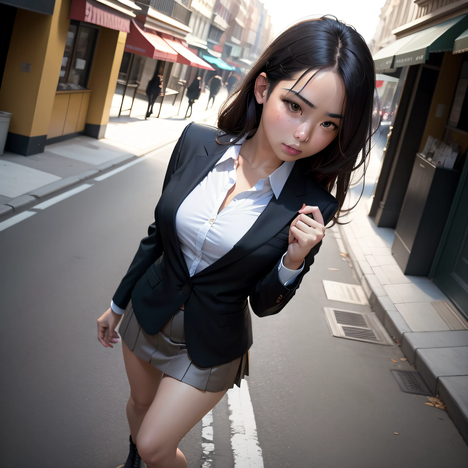 Hide hands,Solo photos,street corner,Street photography,Private photos,(best qualtiy,4K,tmasterpiece:1.3),Movie Angle,Dramatic angle,Wide shot,Perspective,foreshortening,Wearing a black formal blazer, mediuml breasts, short skirt,full body,