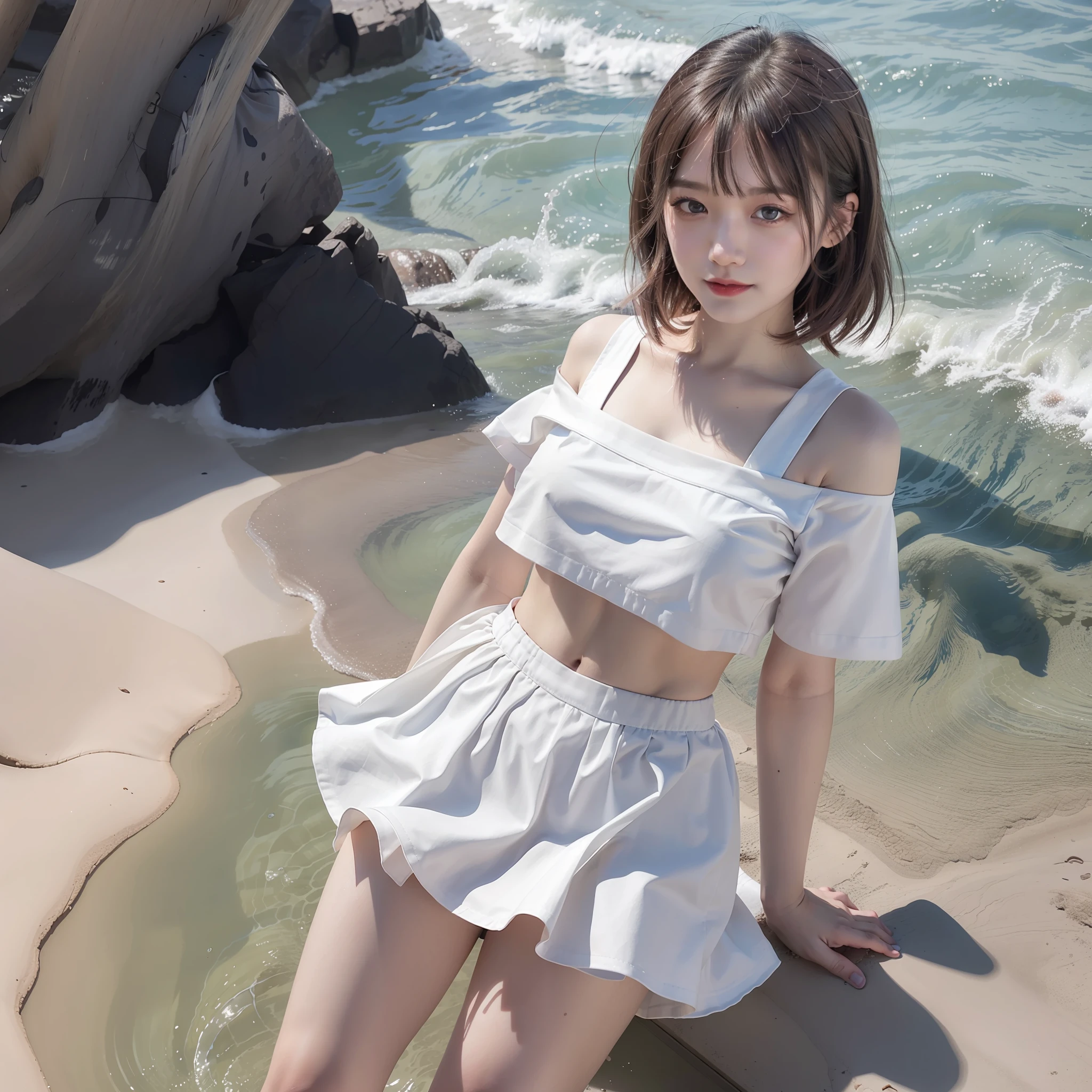 1girll，（seaside backgroud，nabel）8k，RAW photogr，品质最佳，巨作，photorealestic，photo-realistic，Tight skirt，sea beach，spray，swell sea，Skinny teenage girl，Redlip，cropped shoulders，Delicate faces，largeeyes，Small lips，Thin leg，Ultra-white skin，messy  hair，Gauze skirt，ssmile，Round buttocks，gigantic hip，The short skirt is transparent，Belly button top，Short sleeves with round neck