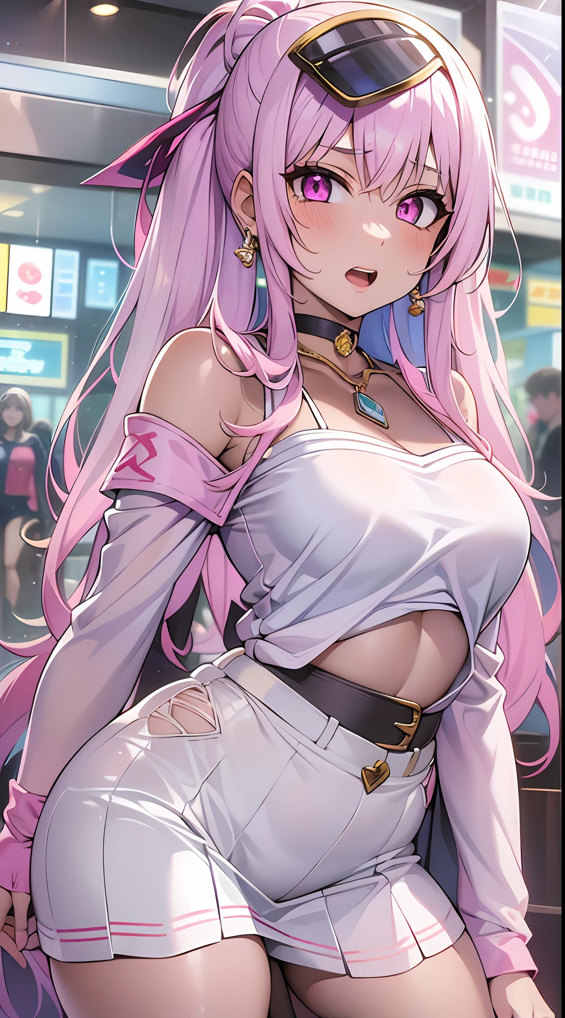 ((Masterpiece)), best quality, absurderes, ultra detailed, holographic, cowboy shot, golden ratio, super cute girl, mature girl, idol girl, super beautiful asian girl with very beautiful violet glowing eyes, beautiful glowing white multicolored hair, high ponytail, nice and sexy body, slim body, perfect body, wearing a super tight anime pink pleated skirt, a white anime printed super tight off shoulder long sleeve crop top, a choker, white stockings, beautiful hair ornament, pink jordan tennis, being photographephed in the mall, in the anime store