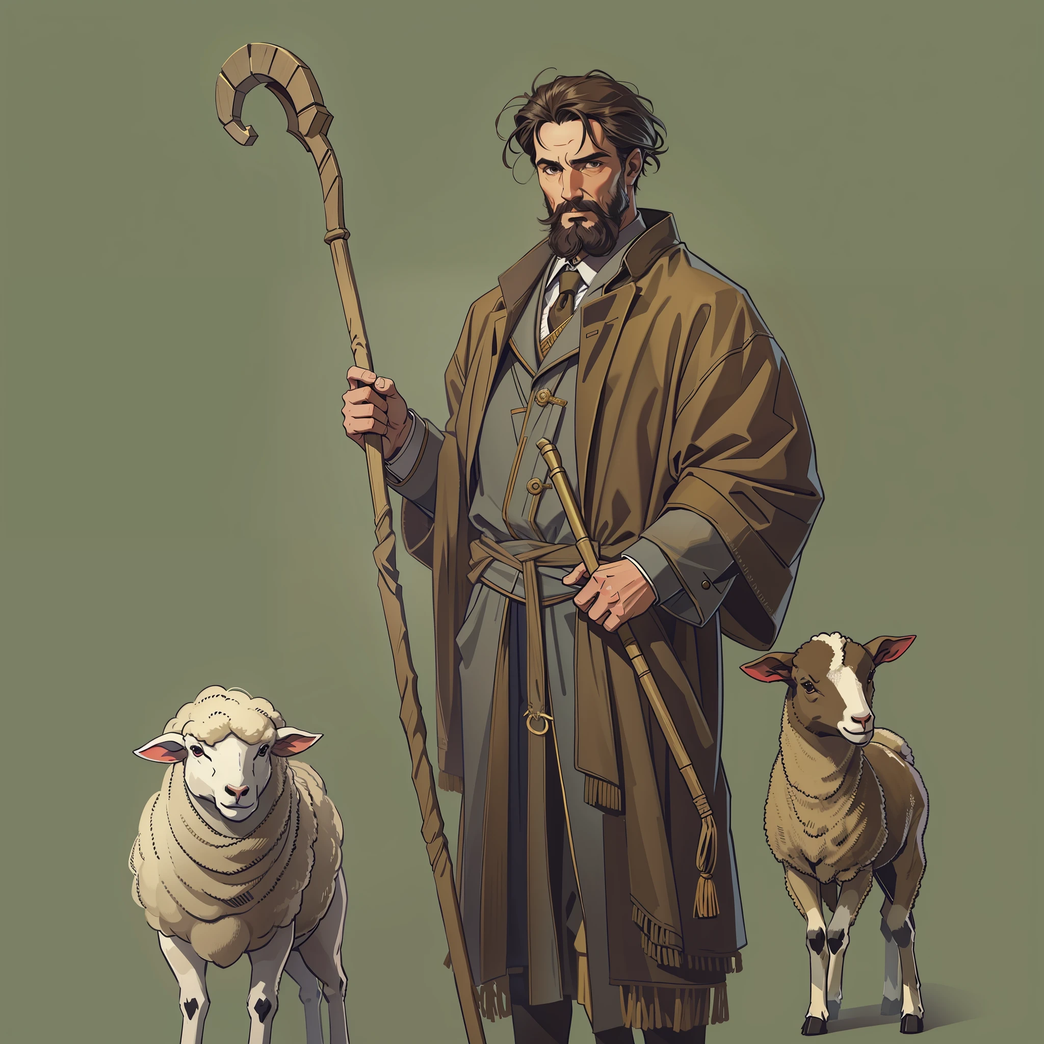 shepherd next to a sheep holding a staff with brown clothes on a gray background