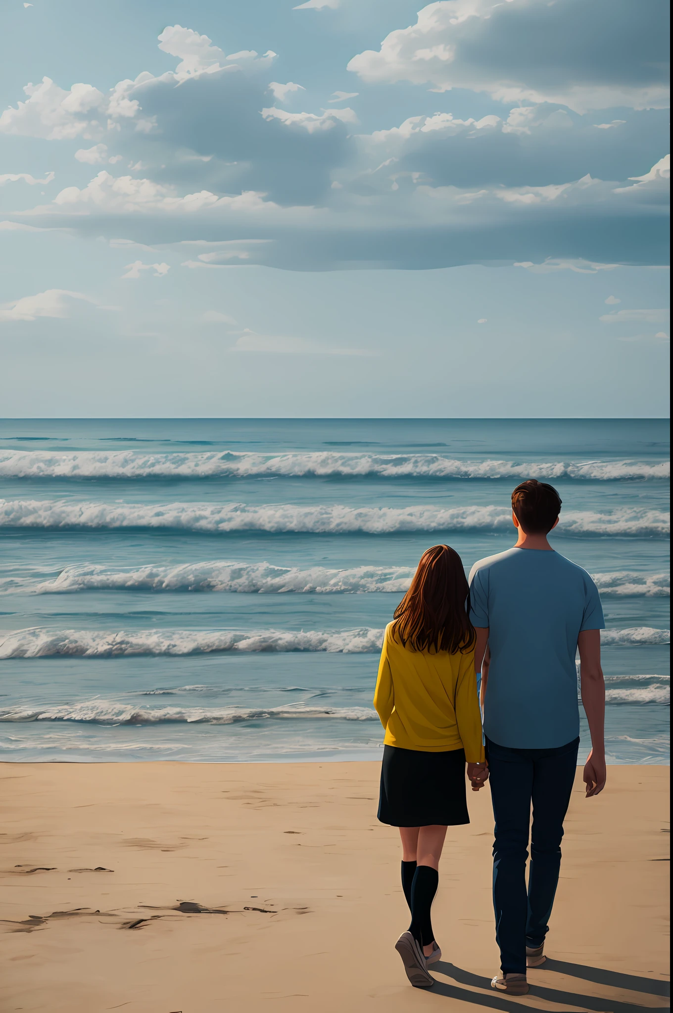 "(Ultra-realistic), (dark-themed), couple walking by the beachside."