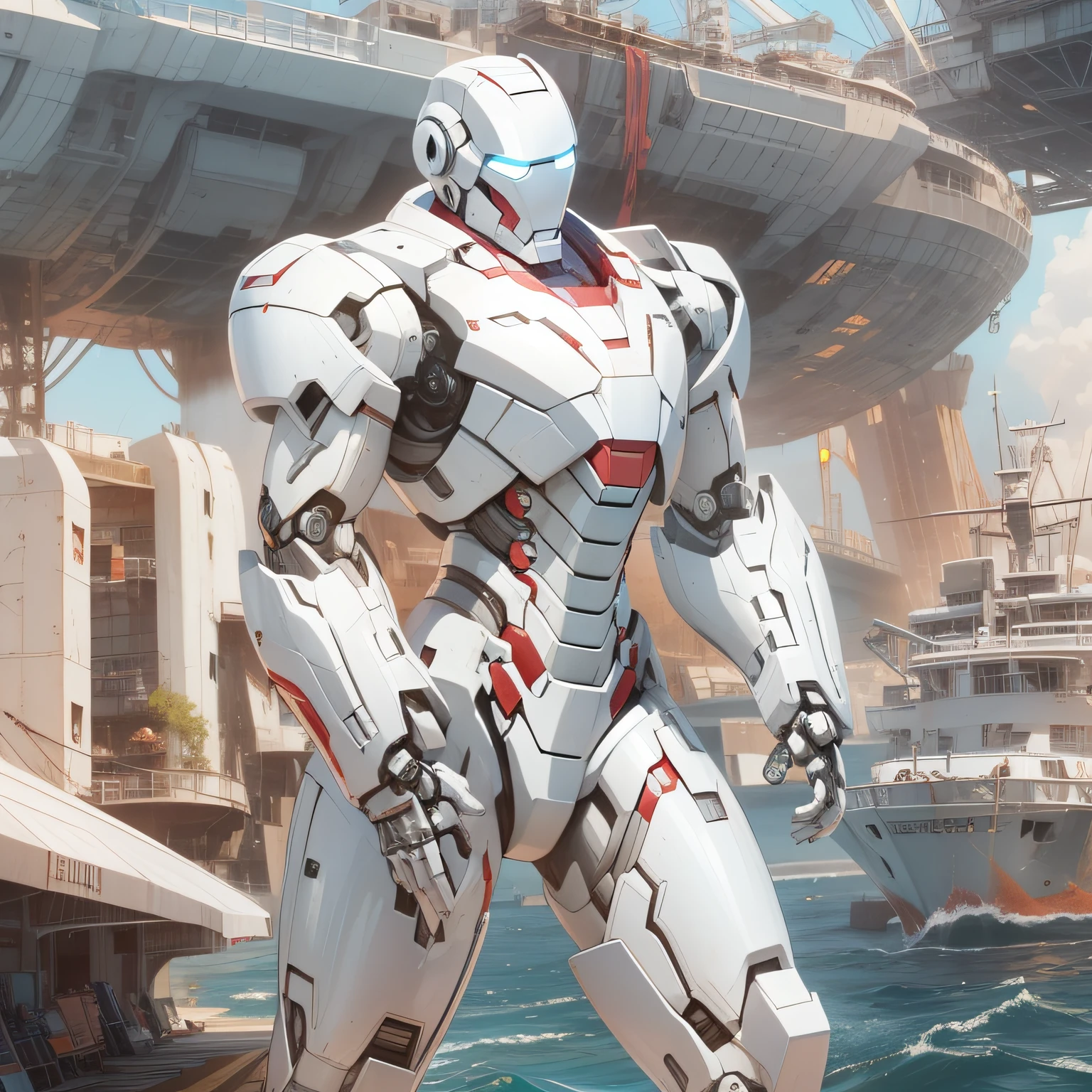 There is a photo of a robot standing in front of the boat, white superior iron man, in white futuristic armor, streamlined white armor, white color mecha, alexandre ferra white mecha, Emission laser attitude, sleek streamlined white armor, superior iron man, ferra white mecha, Amazing wallpapers, White John Berkey armor panels