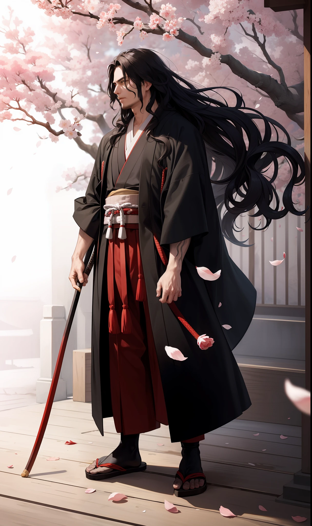 masterpiece, high quality, best quality, beautiful, hd, realistic, perfect lighting, detailed face, detailed body, (1 man), black long hair, wavy hair, (red samurai clothes), samurai, standing, wind, (sakura),sakura petals, (brutal), courageous, full body