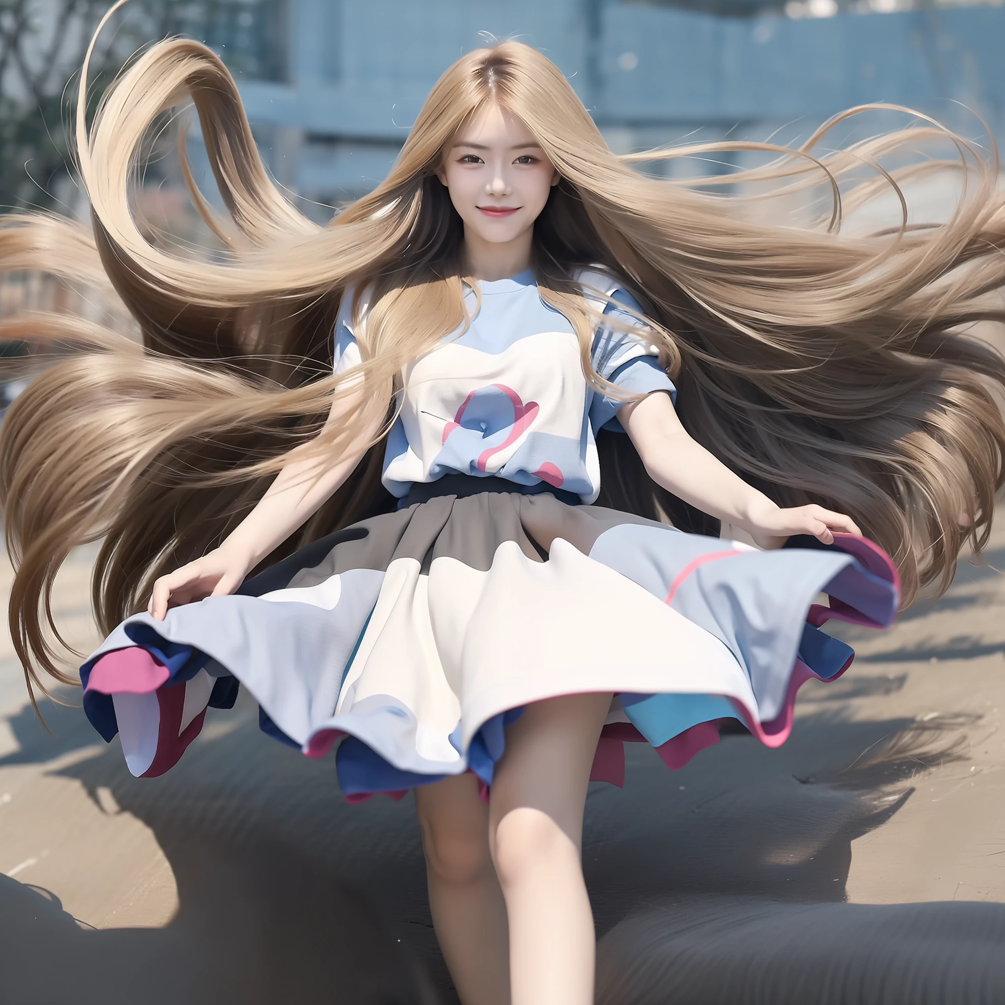 "(Best picture quality、A masterpice), white backgrounid, Ultra-thin paper,Sparkling, Beautiful and tasteful, The wind blew for a long time,ssmile, curly blond hair, Vivid and stunning,Scottish pleated skirt,Greater wind,The wind blows hair,Floating hair,Static clothes,Short sleeved bodice,extra very long hair,12 meters long hair,Hair grows to the floor,Correct limbs,fully body photo,standing on your feet,white short sleeve,Cross your hands at your waist,mid day,Sunnyday"