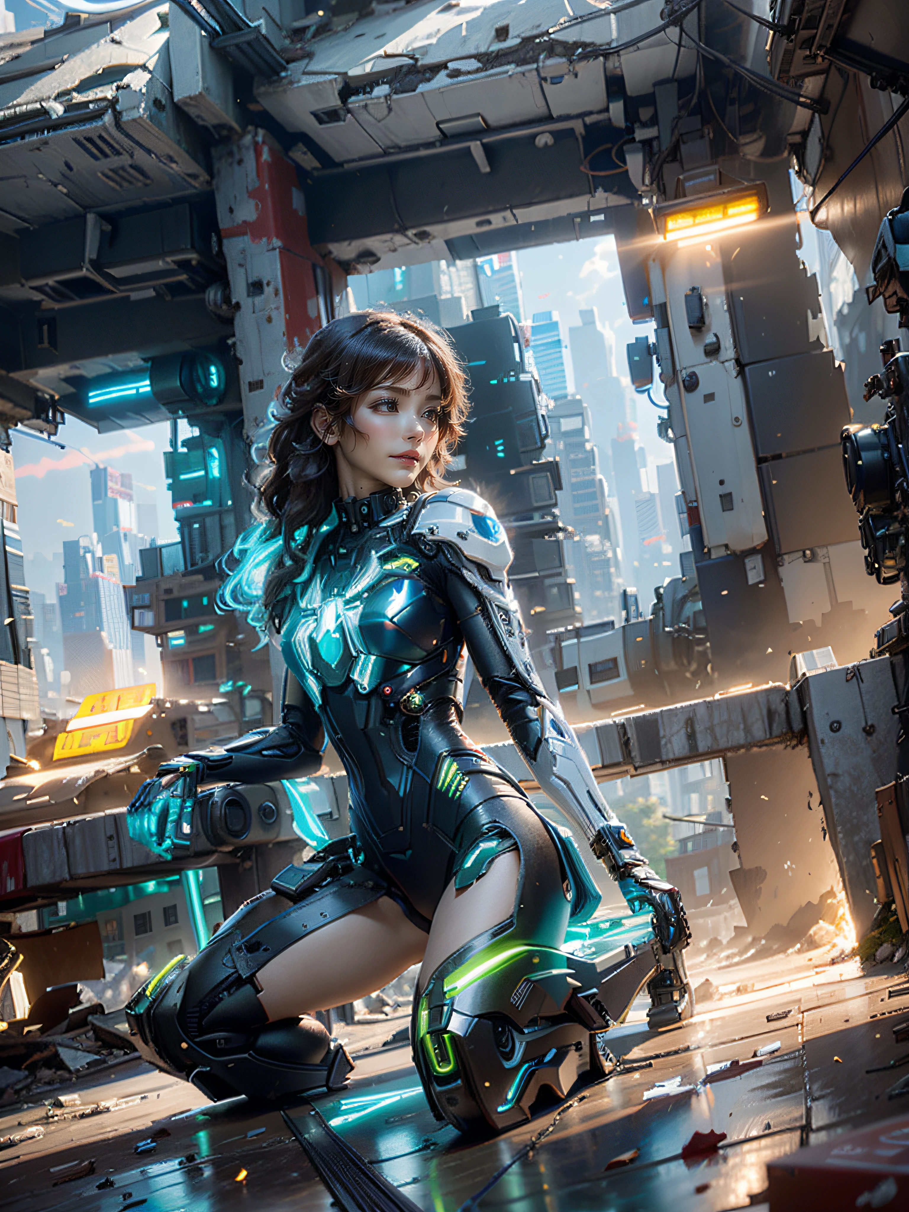 ((Best quality)), ((masterpiece)), (highly detailed:1.3), 3D,Shitu-mecha, beautiful cyberpunk women with her mecha in the ruins of city from a forgoten war, ancient technology,HDR (High Dynamic Range),Ray Tracing,NVIDIA RTX,Super-Resolution,Unreal 5,Subsurface scattering,PBR Texturing,Post-processing,Anisotropic Filtering,Depth-of-field,Maximum clarity and sharpness,Multi-layered textures,Albedo and Specular maps,Surface shading,Accurate simulation of light-material interaction,Perfect proportions,Octane Render,Two-tone lighting,Low ISO,White balance,Rule of thirds,Wide aperature,8K RAW,Efficient Sub-Pixel,sub-pixel convolution,luminescent particles,light scattering,Tyndall effect