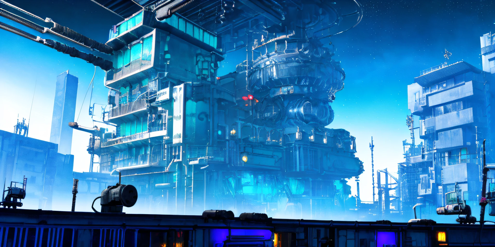 Mechanical construction,(Machine-built buildings:1.4),((Mechanical house)),(Pipes connected to the house),((The mechanical spine is attached to the roof)),Future science fiction,Interstellar ,the city street,Blue light,sci-fy