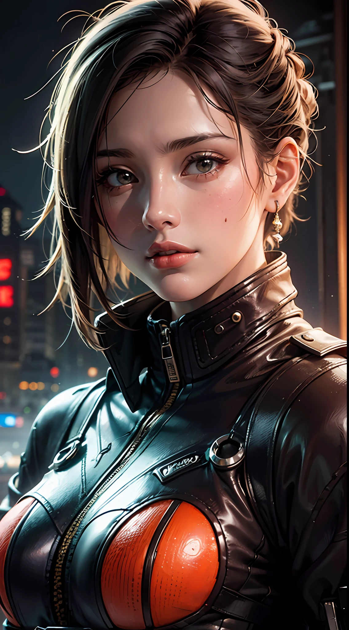 （（best qualtiy））， （（tmasterpiece））， （A detailed：1.4）， 3D， Beautiful images of cyberpunk women，Wearing a red mech， hdr（HighDynamicRange），Ray traching，NVIDIA RTX，Hyper-Resolution，Unreal 5，sub surface scattering，PBR textures，Post-processing，Anisotropic filtering，depth of fields，Maximum clarity and sharpness，Many-Layer Textures，Albedo e mapas Speculares，Surface coloring，Accurate simulation of light-material interactions，perfectly proportions，rendering by octane，twotonelighting，Wide aperture，Low ISO，White balance，trichotomy，8K raw data，tmasterpiece，best qualtiy，（8K very detailed CG unit wallpaper）（best qualtiy），（Most Best Illustration），（Best shadow）In the abandoned city，There are mechanical broken arms around，Bright orange AOL sunset（：1. 6），