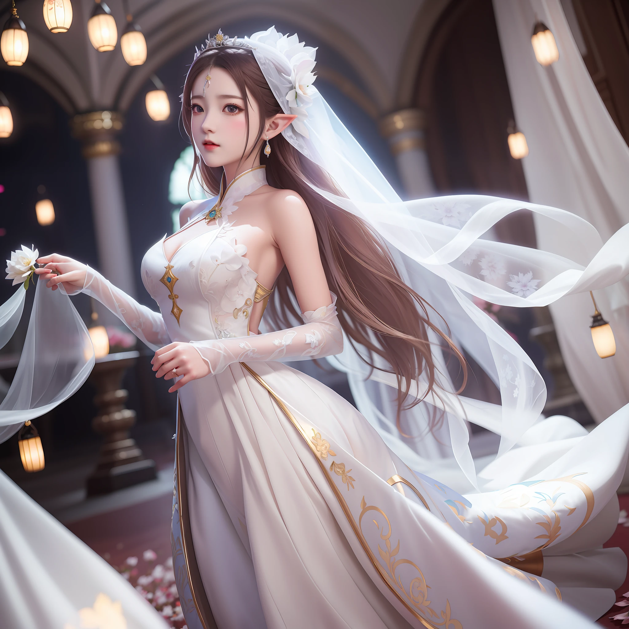 Anime - Stylistic image of a woman holding flowers in a wedding dress, elegant cinematic pose, Palace , A girl in Hanfu, trending on cgstation, beautiful and elegant elf queen, WLOP and Sakimichan, 8K high quality detailed art, Guviz-style artwork, Fanart Meilleure ArtStation, a beautiful fantasy empress