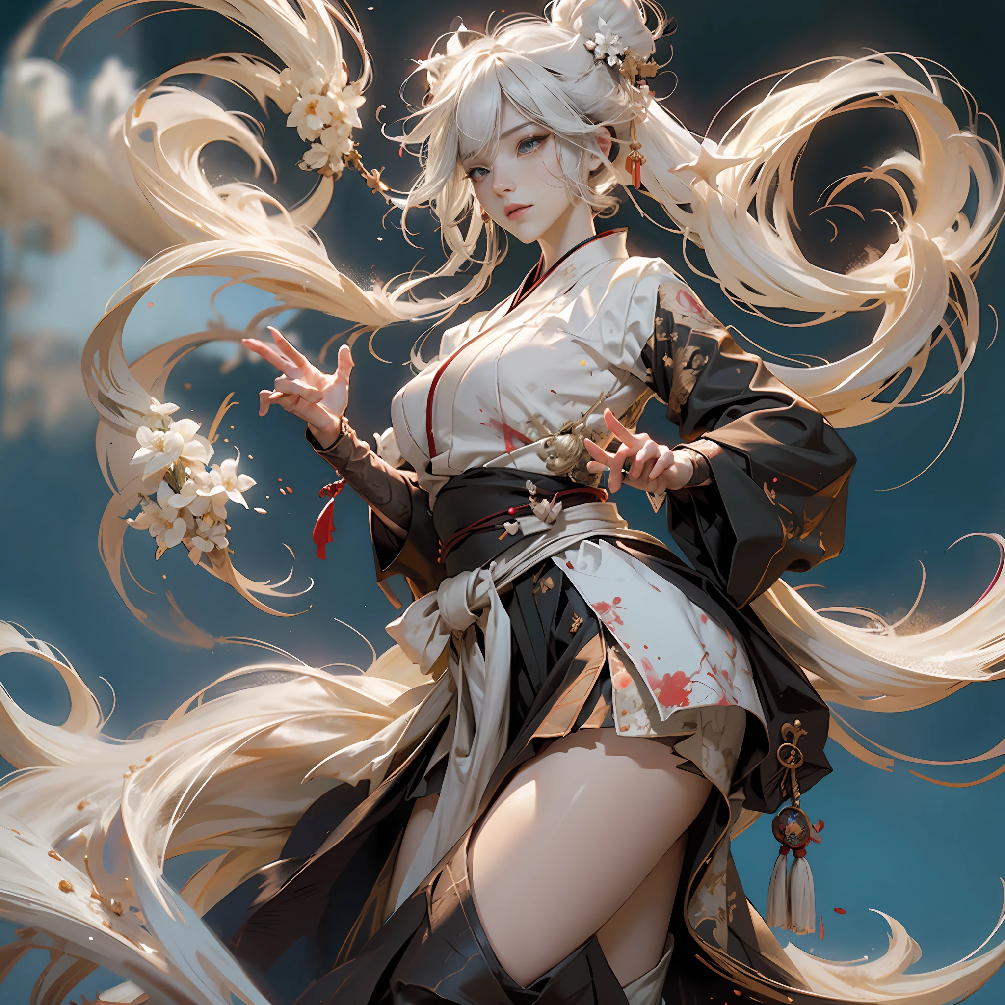 8K, super detailing,Don Dao, anatomy correct,(Fighting posture:1.5),attack pose, A long sword in his hand,Hanfu,Short skirt atmospheric light, super detailing, hyper HD, tmasterpiece,On the outside,Snowy mountain background,Winters,snowflower,On the snow,dynamic view,Full body like,scowling, rape face, White hair, messy hair, kanzashi, Bloodshot eyes,lightand shade contrast, large- titsjob,From the side Side,Eyes full of details,Optimal proportions of four fingers and one thumb,