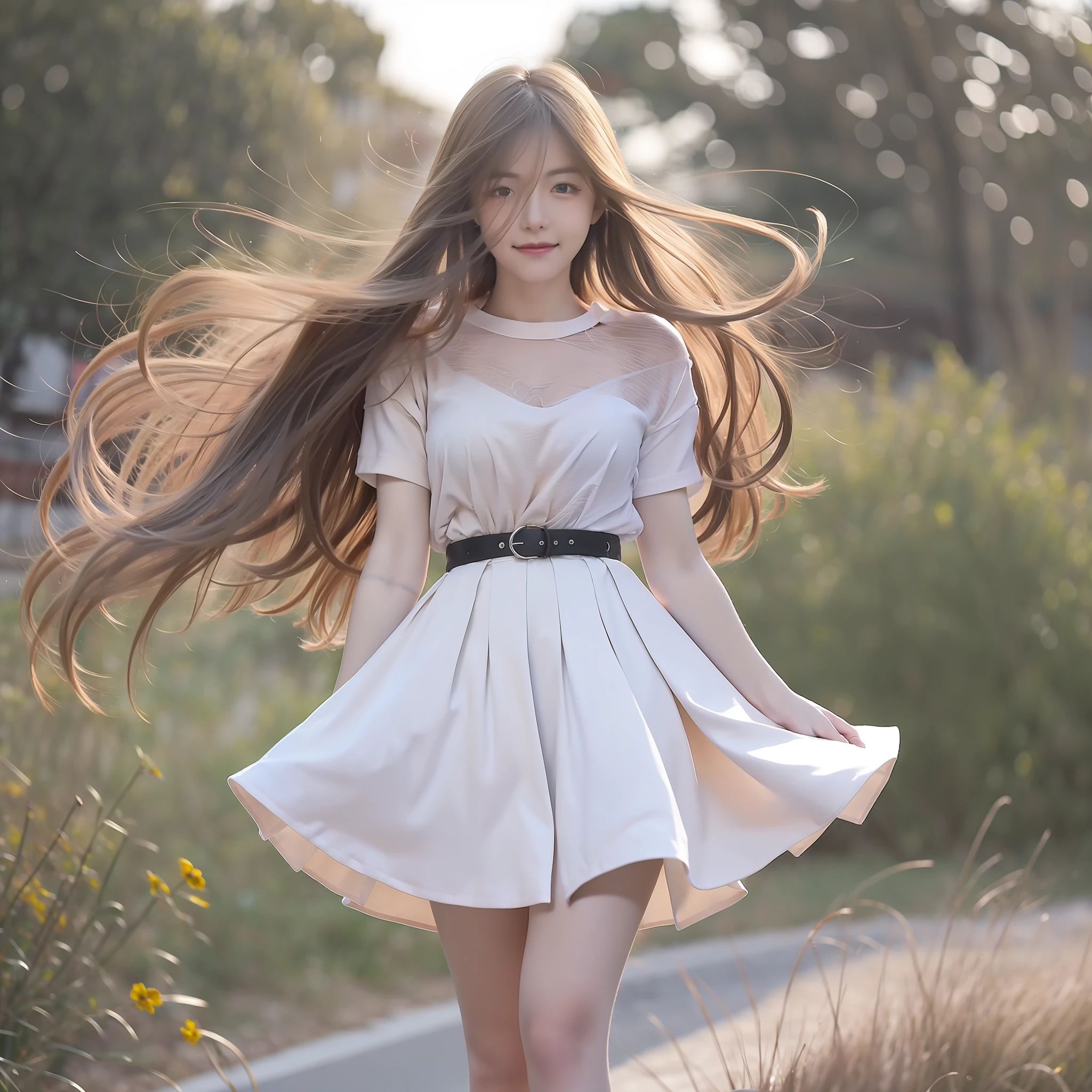 "(Best picture quality、A masterpice), white backgrounid, Ultra-thin paper,Sparkling, Beautiful and tasteful, The wind blew for a long time,ssmile, curly blond hair, Vivid and stunning,Scottish pleated skirt,Greater wind,The wind blows hair,Floating hair,Static clothes,Short sleeved bodice,extra very long hair,12 meters long hair,Hair grows to the floor,Correct limbs,fully body photo,standing on your feet,white short sleeve,Cross your hands at your waist,mid day,Sunnyday"