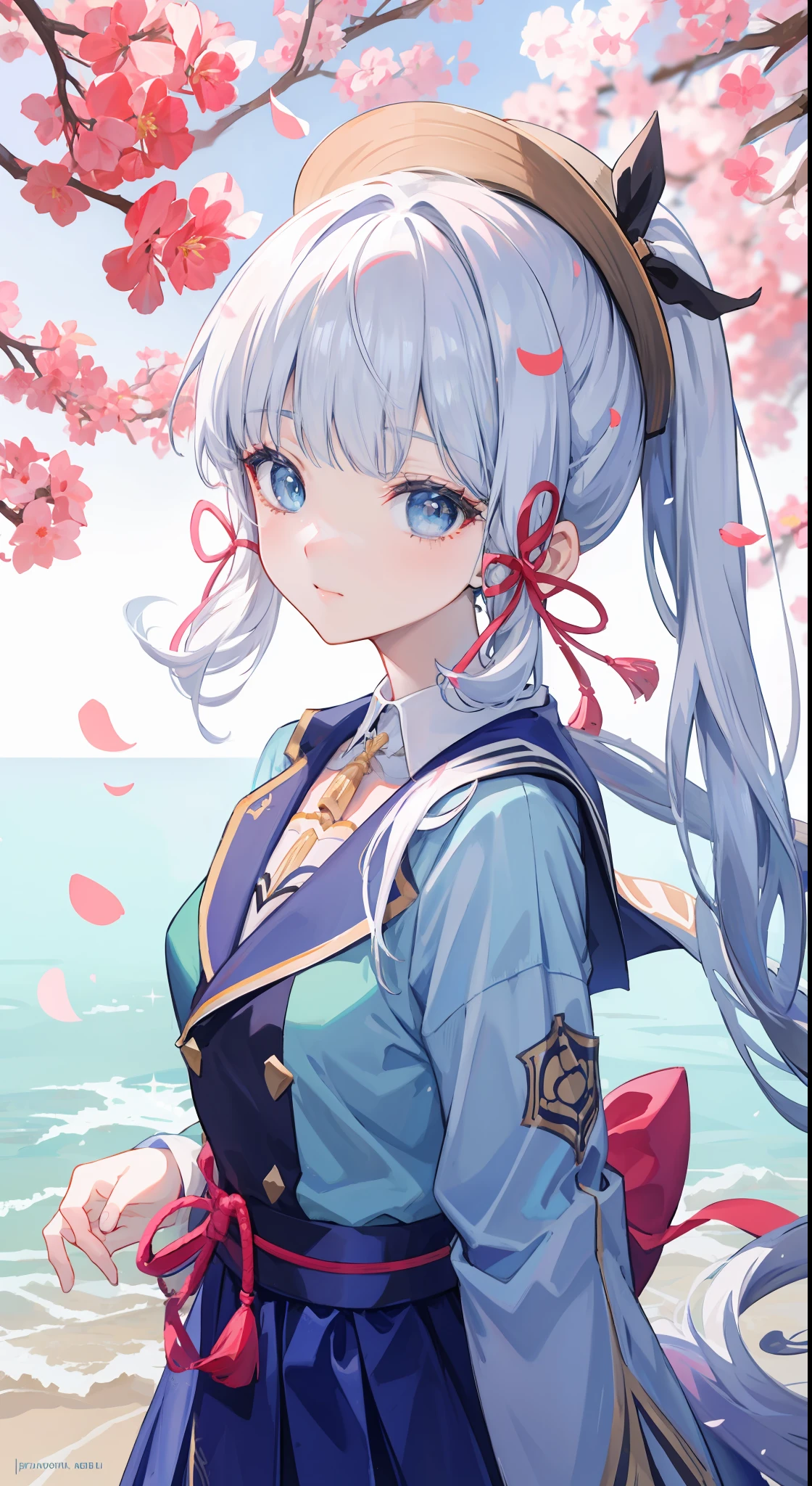 tmasterpiece,A beautiful anime girl,white-haired god,best anime 4k Konachang wallpapers,Anime style 4k,Anime art wallpaper 4k,Guviz,a beautiful anime portrait,4k anime wallpapers。light particules,Genshin painting style,Kamiasto ayaka,lightblue hair,the cherry trees,sunny clear sky,smooth thigh,Be red in the face,Super delicate aqua blue eyes,Japanese high school uniforms for female high school students