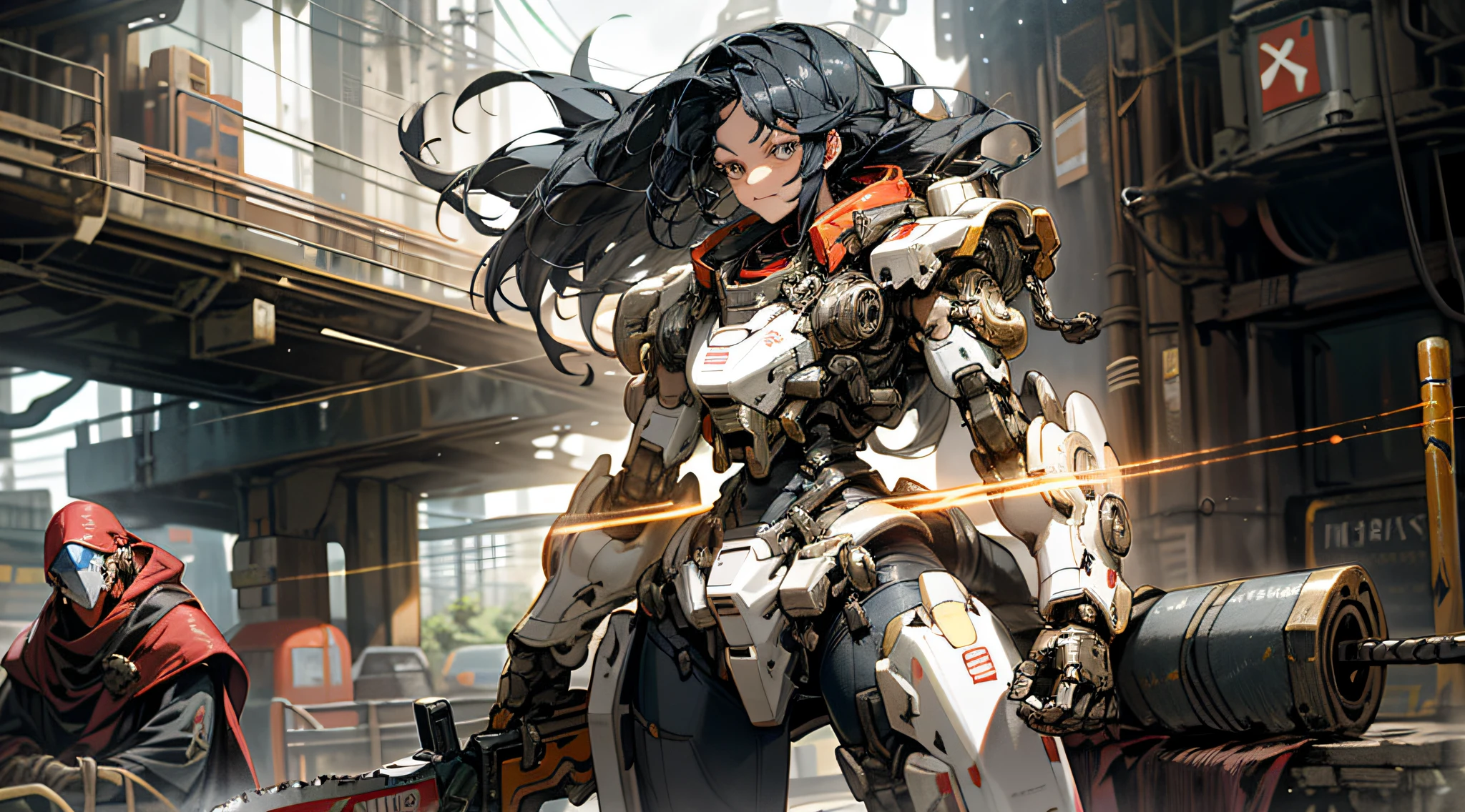 Fantasy,Medieval,(,chain saw ,Red:1.1),1girl,Mechanical marvel,Robotic presence,Cybernetic guardian, wearing a worn-out mech suit, intricate, (steel metal [rusty]), elegant, clear focus, soft lighting, vibrant colors, masterpiece, ((street)), dynamic pose, very detailed, micro details, dynamic smoke, dynamic ilumination, dynamic shadows, sunset, unreal engine 5