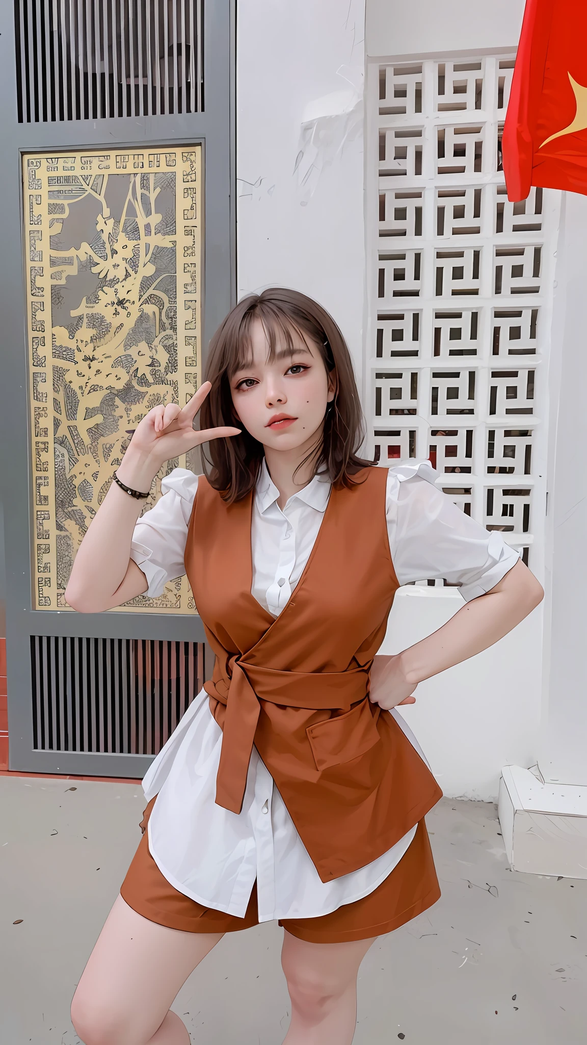 (hyperrealistic), (illustration), (high resolution), (8K), (extremely detailed), (best illustration), (beautiful detailed eyes), (best quality), (ultra-detailed), (masterpiece), (wallpaper), (detailed face), solo 1 girl, white wavy hair, korean, heterochromic eyes, small moles under the eyes, loose white shirt, yoga pants, big breasts, long legs, tight abs, camel toes, dynamic pose