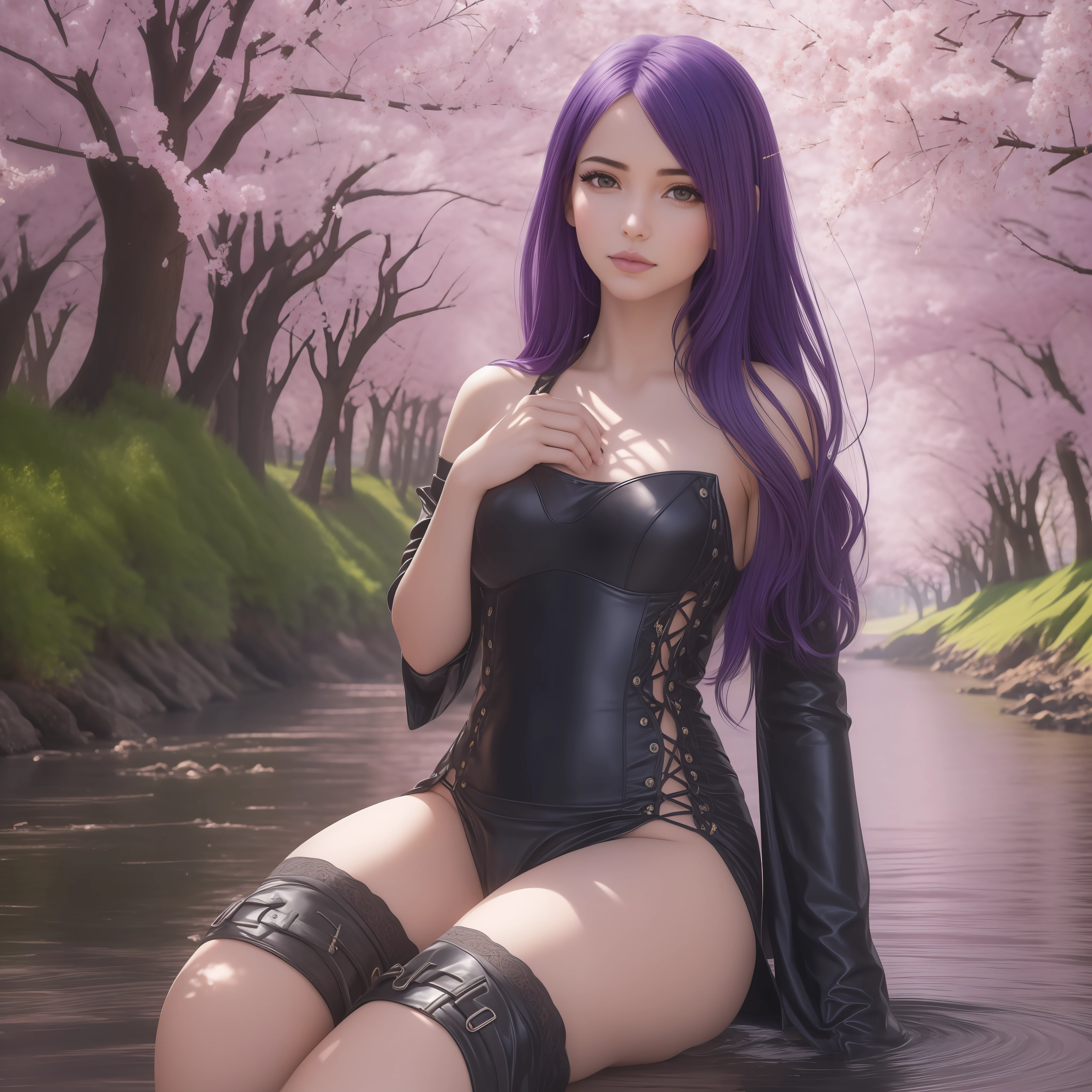 A 20-year-old girl surrounded by cherry trees,
cuerpo completo,
luz del sol,
CinematicLight,
desde abajo,
edgScene purple,
cabello (liso plano),
Cabello largo,
pelo de cola de caballo,
ojos morados,
gargantilla,
(pechos enormes: 1.4),
sin sujetador,
vestido, plateado,
(dedo del pie de camello, Cameltoe, en forma de,
(mascara),
pies sumergidos en el rio,
(botas largas, tacones altos),
(obra maestra, mejor calidad), sthe highest qualit, CinematicLight, 4k