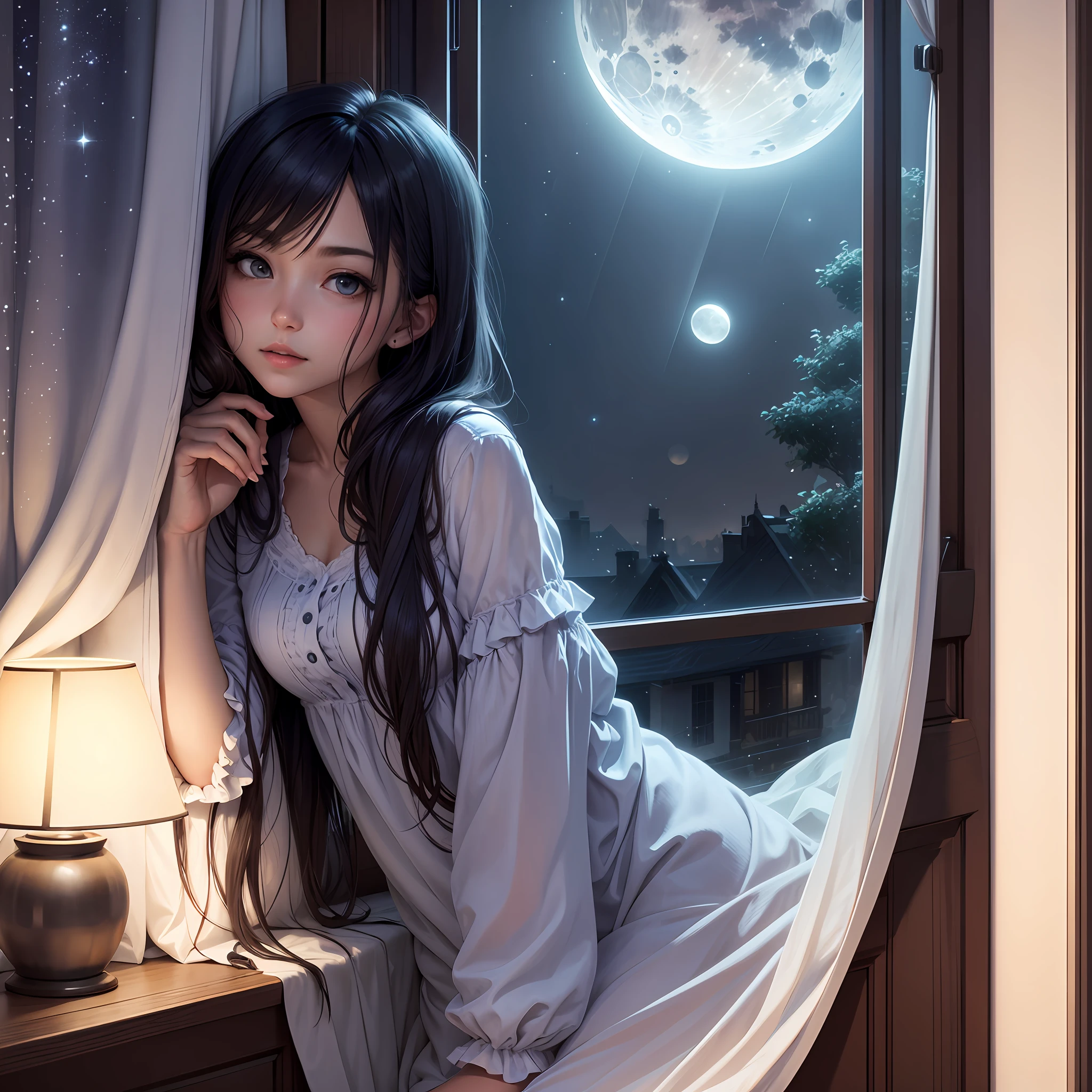 Leaning on the window The moonlight swayed