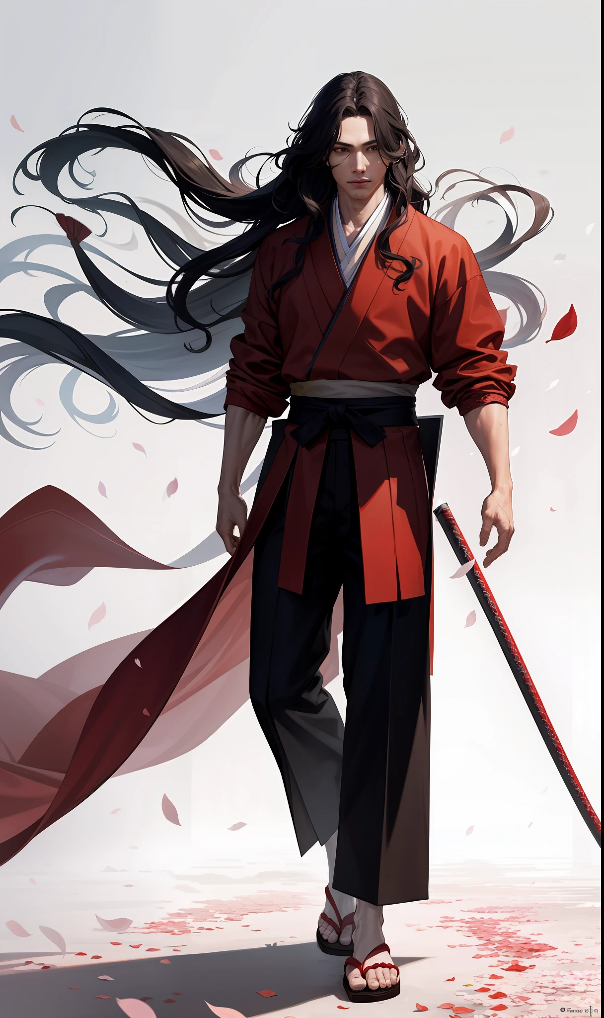 masterpiece, high quality, best quality, beautiful, hd, realistic, perfect lighting, detailed face, detailed body, (1 man), black long hair, wavy hair, (red samurai clothes), samurai, standing, wind, (sakura),sakura petals, (brutal), courageous, full body