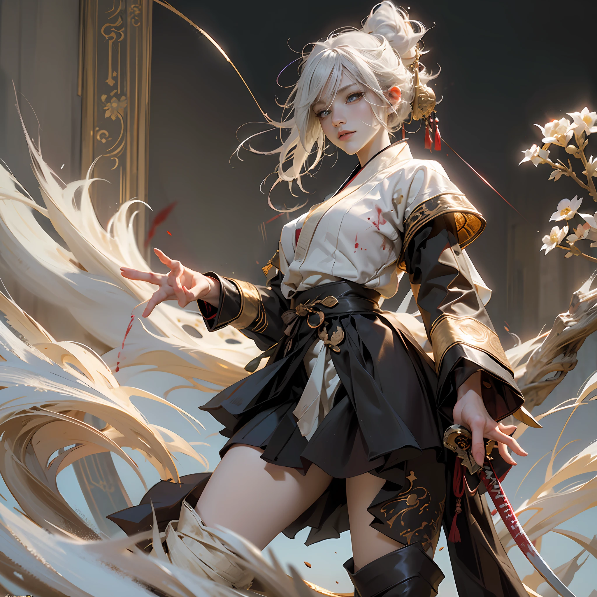 8K, super detailing,Don Dao, anatomy correct,(Fighting posture:1.5),attack pose, A long sword in his hand,Hanfu,Short skirt atmospheric light, super detailing, hyper HD, tmasterpiece,On the outside,Snowy mountain background,Winters,snowflower,On the snow,dynamic view,Full body like,scowling, rape face, White hair, messy hair, kanzashi, Bloodshot eyes,lightand shade contrast, large- titsjob,From the side Side,Eyes full of details,Optimal proportions of four fingers and one thumb,