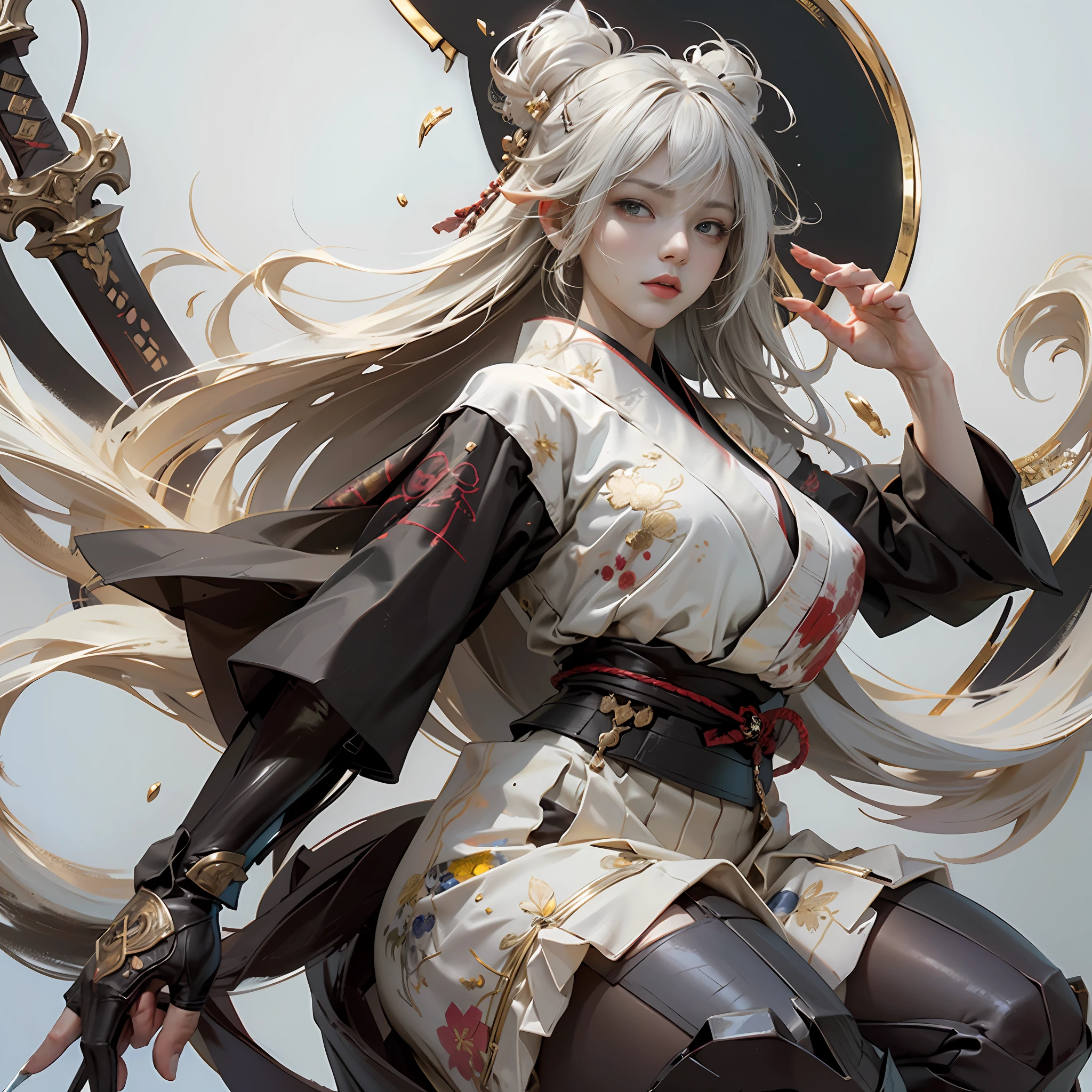 8K, super detailing,Don Dao, anatomy correct,(Fighting posture:1.5),attack pose, A long sword in his hand,Hanfu,Short skirt atmospheric light, super detailing, hyper HD, tmasterpiece,On the outside,Snowy mountain background,Winters,snowflower,On the snow,dynamic view,Full body like,scowling, rape face, White hair, messy hair, kanzashi, Bloodshot eyes,lightand shade contrast, large- titsjob,From the side Side,Eyes full of details,Optimal proportions of four fingers and one thumb,