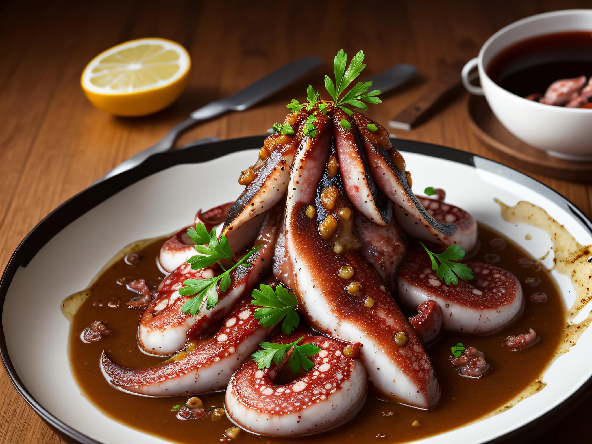 Pulpo a la gallega en una vasija de barro en plano comensal, primer plano, calidad gourmet --auto