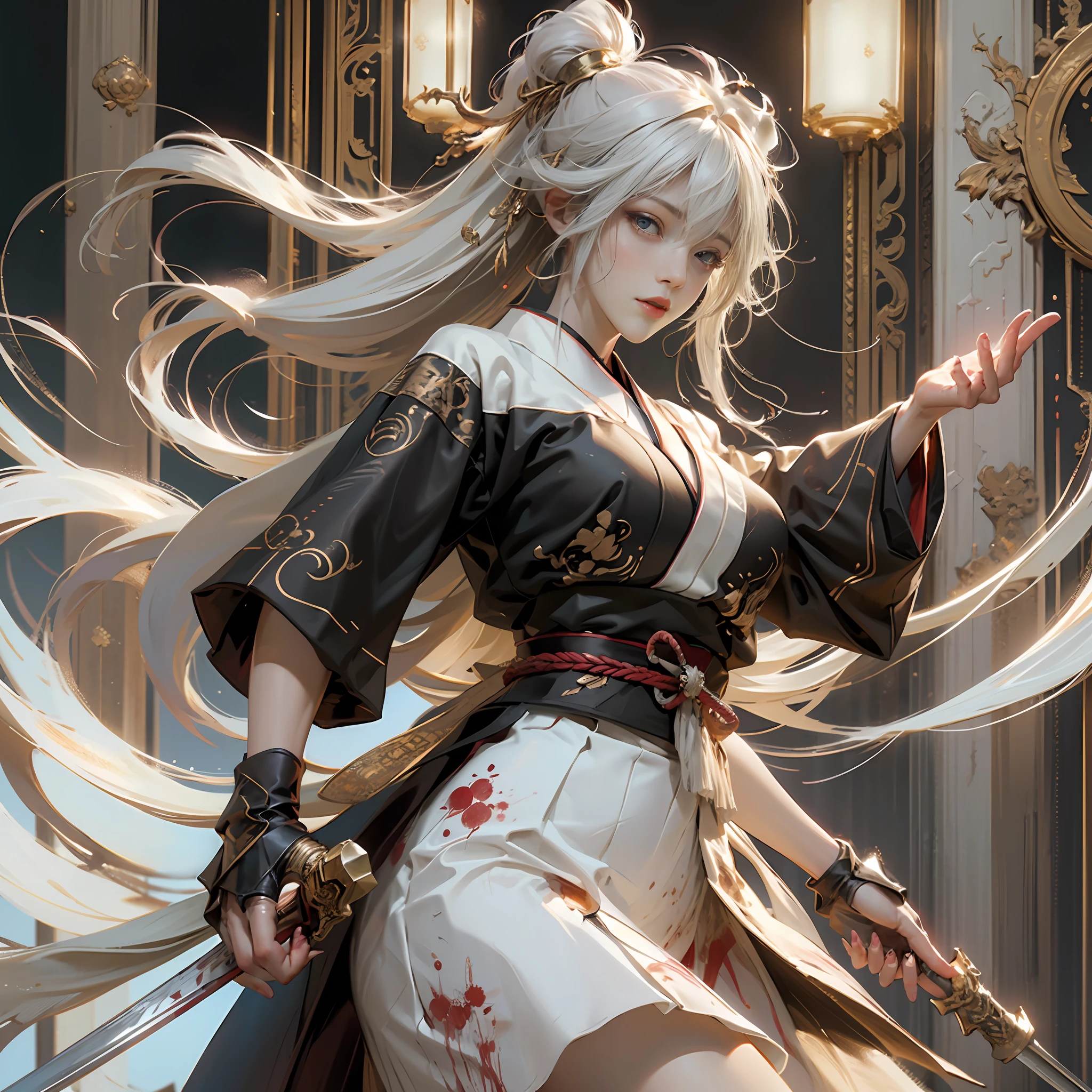 8K， super detailing，Don Dao， anatomy correct，（Fighting posture:1.5），attack pose， A long sword in his hand，Hanfu，Short skirt atmospheric light， super detailing， hyper HD， tmasterpiece，On the outside，Snowy mountain background，Winters，snowflower，On the snow，dynamic view，Full body like，scowling， rape face， White hair， messy  hair， kanzashi， Bloodshot eyes，lightand shade contrast，  large- titsjob，From the side Side，Eyes full of details，（Optimal proportions of four fingers and one thumb:1.5），