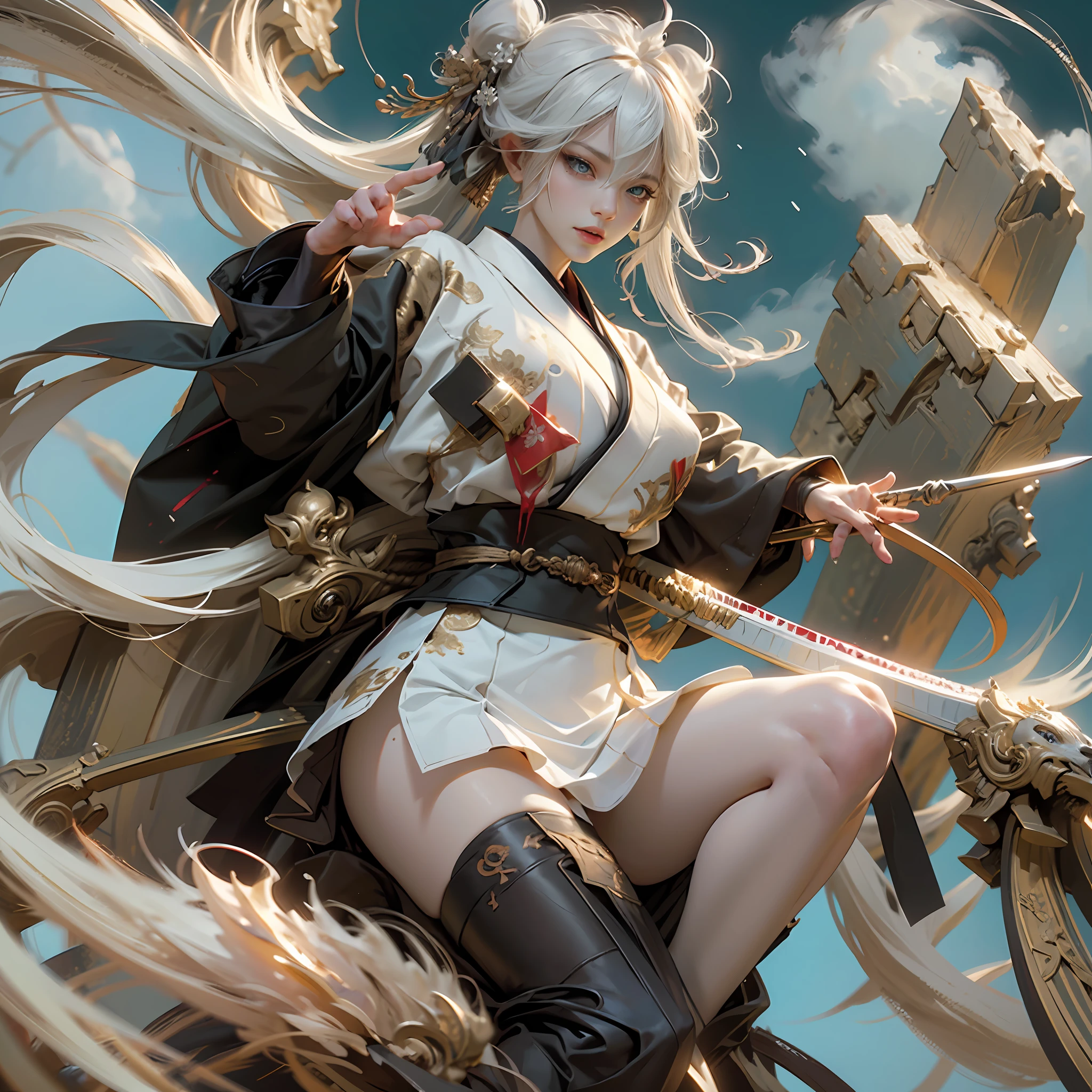 8K, super detailing,Don Dao, anatomy correct,(Fighting posture:1.5),attack pose, A long sword in his hand,Hanfu,Short skirt atmospheric light, super detailing, hyper HD, tmasterpiece,On the outside,Snowy mountain background,Winters,snowflower,On the snow,dynamic view,Full body like,scowling, rape face, White hair, messy hair, kanzashi, Bloodshot eyes,lightand shade contrast, large- titsjob,From the side Side,Eyes full of details,(Optimal proportions of four fingers and one thumb:1.5),
