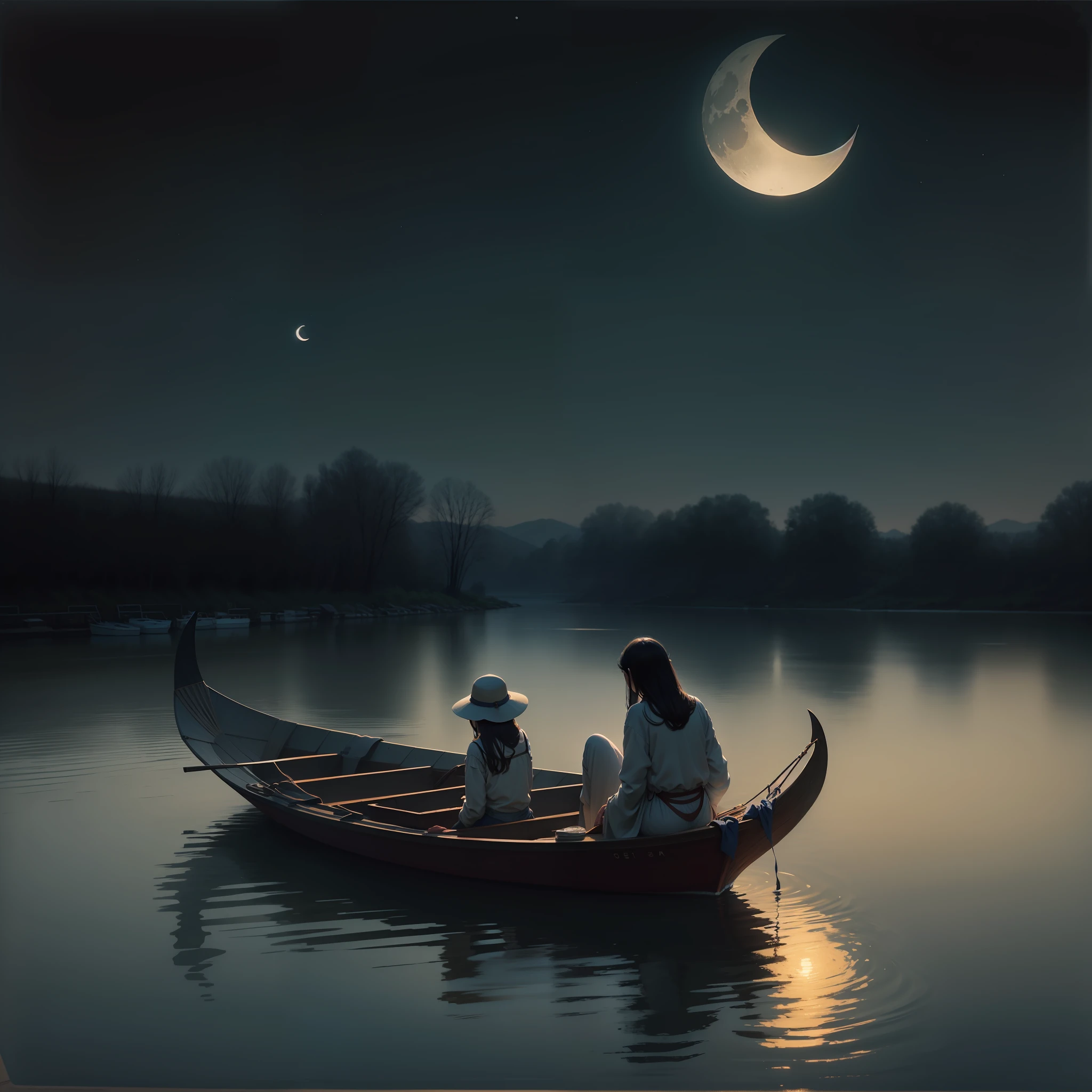The crescent moon hangs in the air，Soft moonlight spills on the surface of the river，The river swayed gently，The woman sat quietly on the boat，The boatman rows，Go slowly。