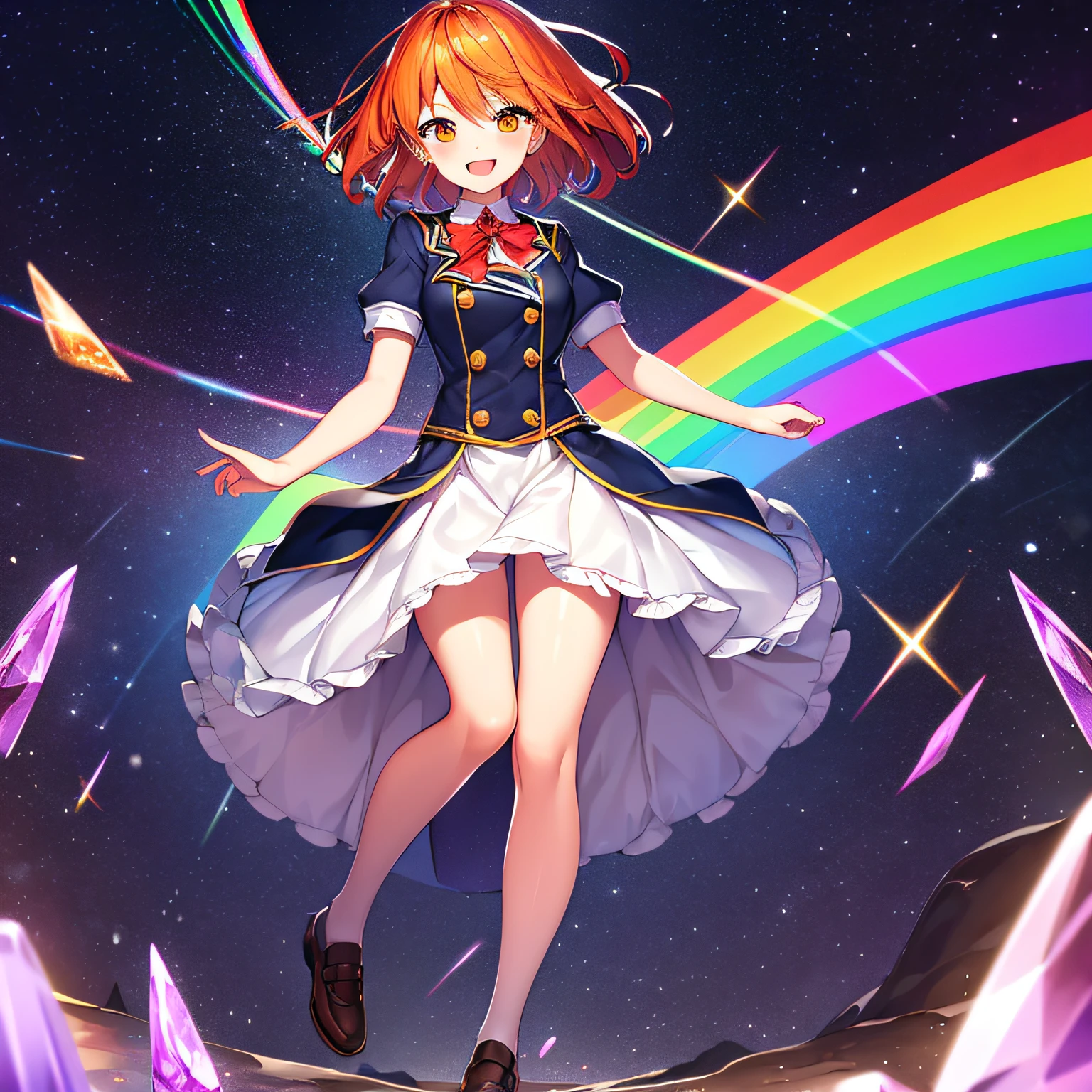 absurdres, superfine illustration,rainboweffect, highres, ultra detailed,light diffusion,highly detailed light reflection, kaleidoscope, harmonious, best shadow, fullbody, zoomout, highly detailed very beautiful adalt big smile face, ;D, beautiful growing crystal diamond purple star pupil, look at viewer, face focse, beautiful detailed orange hair, solo, beautiful detailed orange and black ribon, beautiful detailed orange High school uniform, Fantastic and the whole shines and wide rainbow and circle and shooting star and the wind is strong and night and rainbow shooting star in detail background