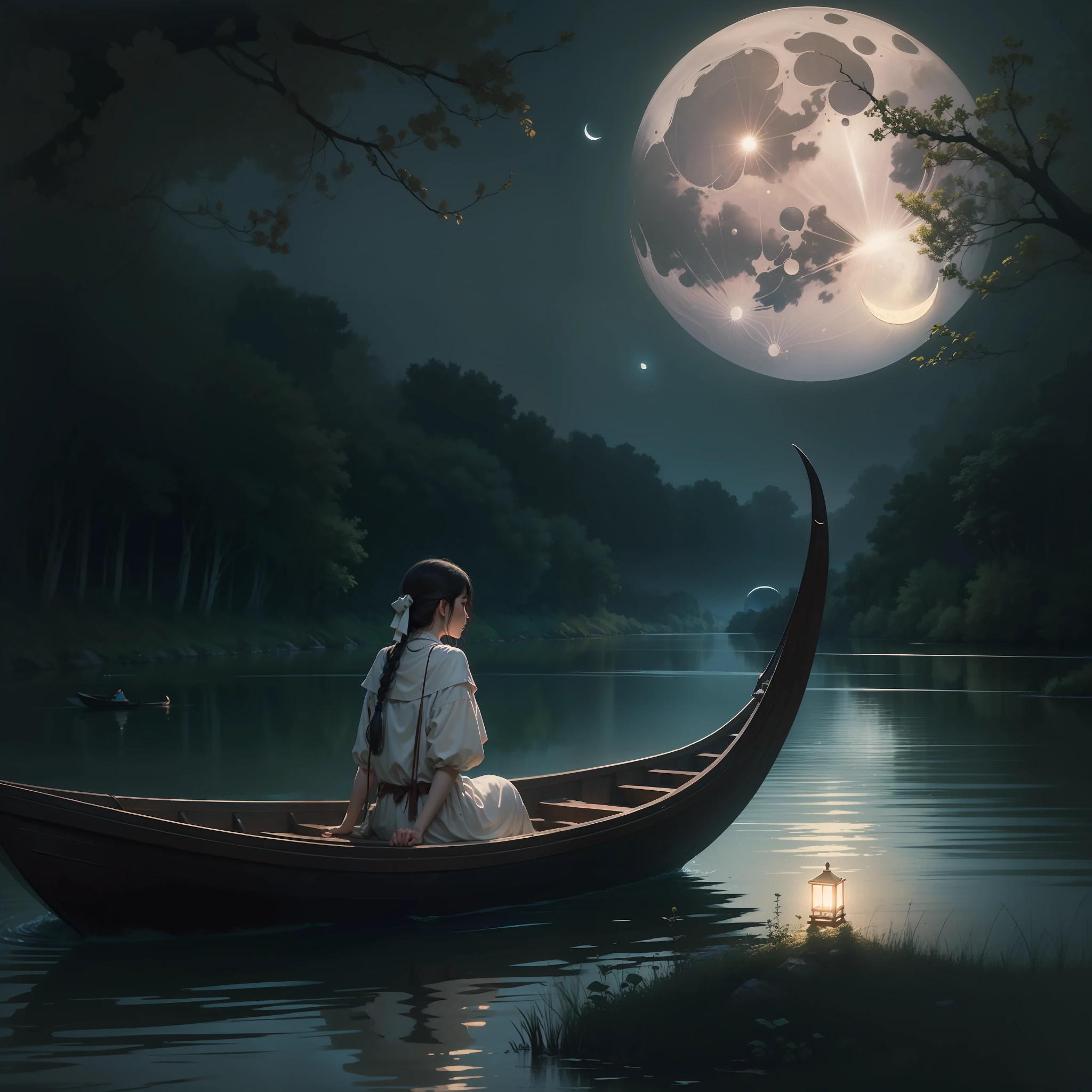 The crescent moon hangs in the air，Soft moonlight spills on the surface of the river，The river swayed gently，The woman sat quietly on the boat，The boatman rows，Go slowly。