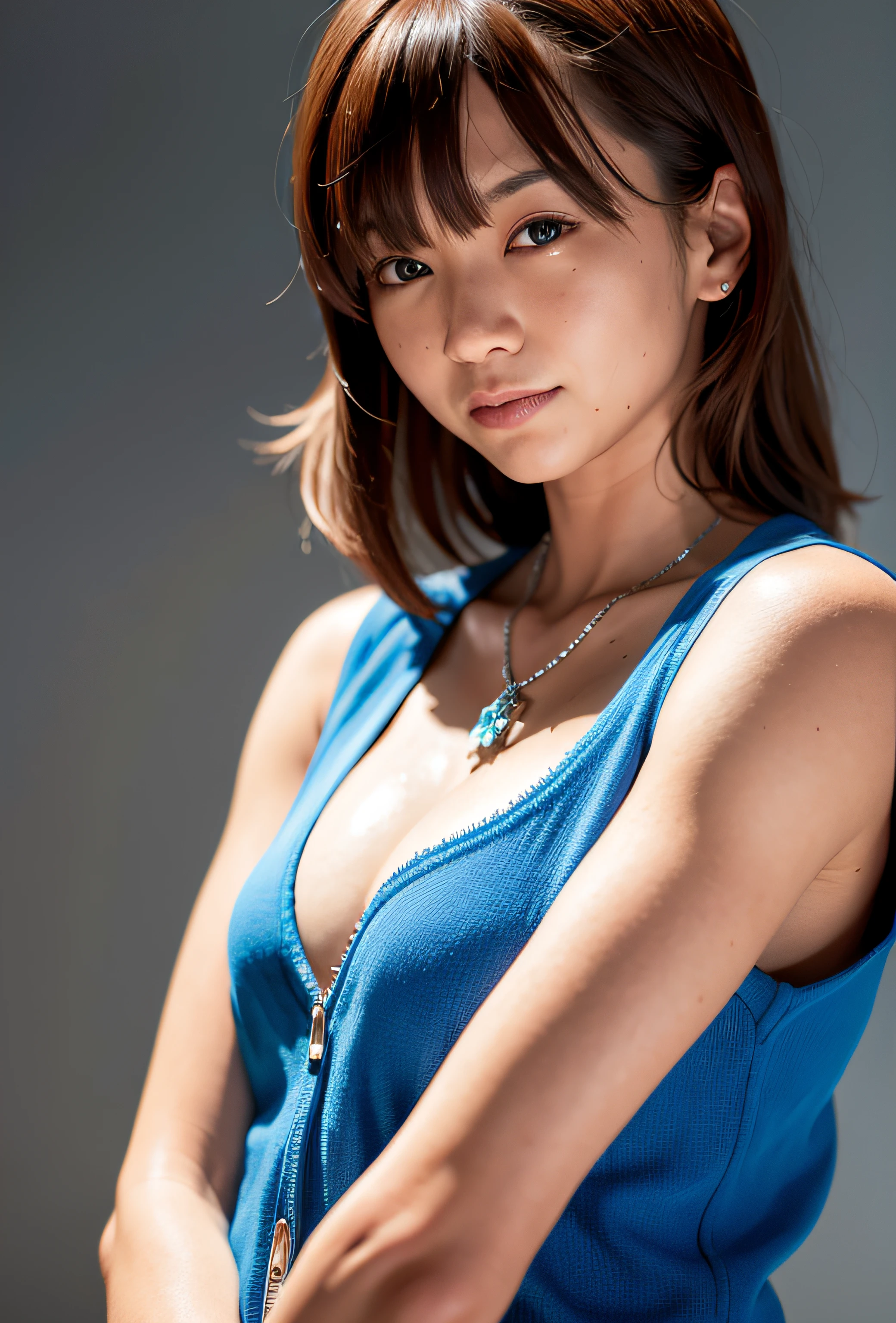 (((medium hair))), best quality, 8K, HDR, highres, absurdres:1.2, blurry background, bokeh:1.2, Photography, (RAW photo:1.2), (photorealistic:1.4), (masterpiece:1.3), (intricate details:1.2), 1girl, solo, japanese girl, delicate, beautiful detailed, (detailed eyes), (detailed facial features), petite, (((small breasts))), skin tight, (looking_at_viewer), from_front, (skinny), (best quality:1.4), (ultra highres:1.2), cinema light, (extreme detailed illustration), (lipgloss, best quality, ultra highres, depth of field, caustics, Broad lighting, natural shading, 85mm, f/1.4, ISO 200, 1/160s:0.75),1girl, solo, (((blue vest))) smile, school uniform, necklace,