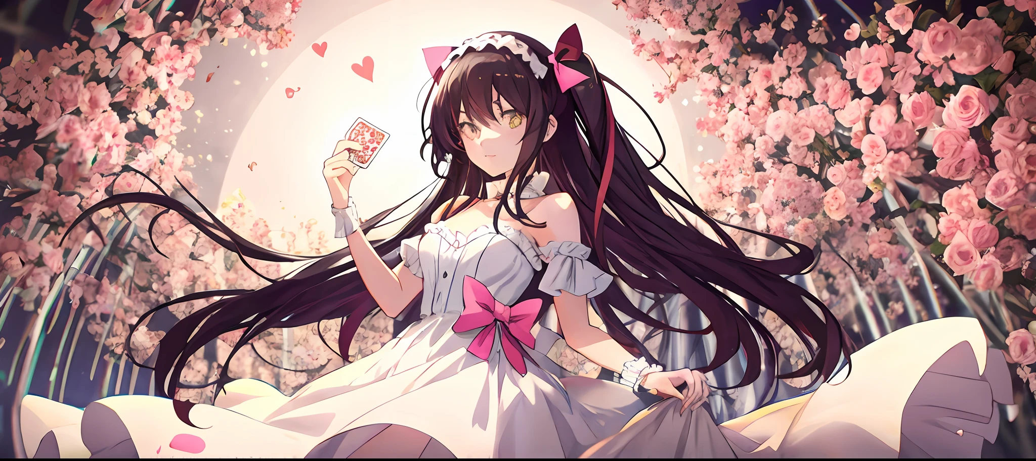 Anime art moe style,girl with black long hair,Wear a pink bow on her head,Hold it in your hand((JOKE Playing Cards)),Natural expression,Wearing a white dress,high qulity,delicated,
