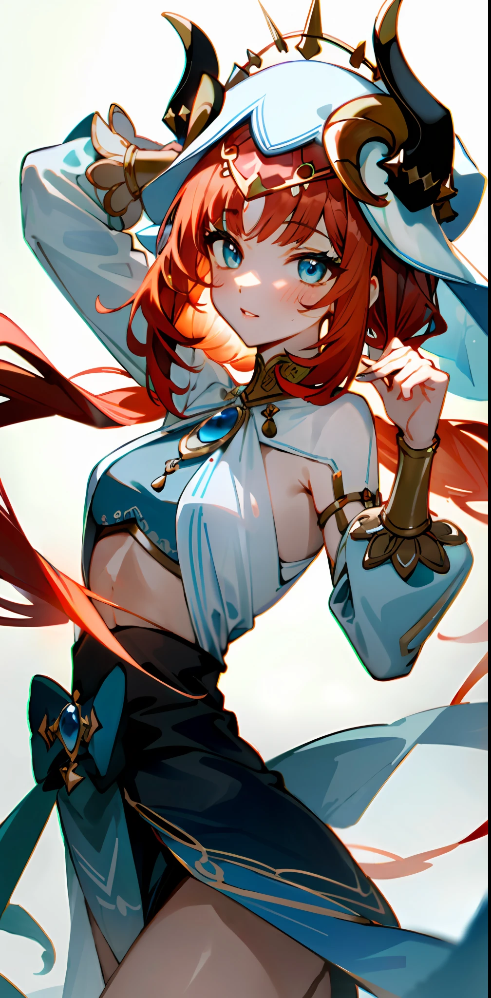 （A high resolution，tmasterpiece，hyper HD，optimum）、8K、ambient lights、Contre-Jour，Luminous Particle、light particules、brightly，Bright，softlighting、softlighting、White light、sunny clear sky、detail in face、(Dancing beautiful girl)，Rosy face，Exquisite facial features，（hair detail： 1.2), (Ultra-fine eyes:1.2),Bright lights, indirect illumination, Fine face, (Fine hair:1.2), (Ultra-fine eyes:1.4), (Pale and Lustrous Skin:1.4),(slimfigure),(full bodyesbian),plumw,(redheadwear:1.5),(A shallow smile),(Medium chest),(Blue and white theme), Genshin painting style，(nilou_Genshin: 1.4),head gear,(Sexy rosy lips)