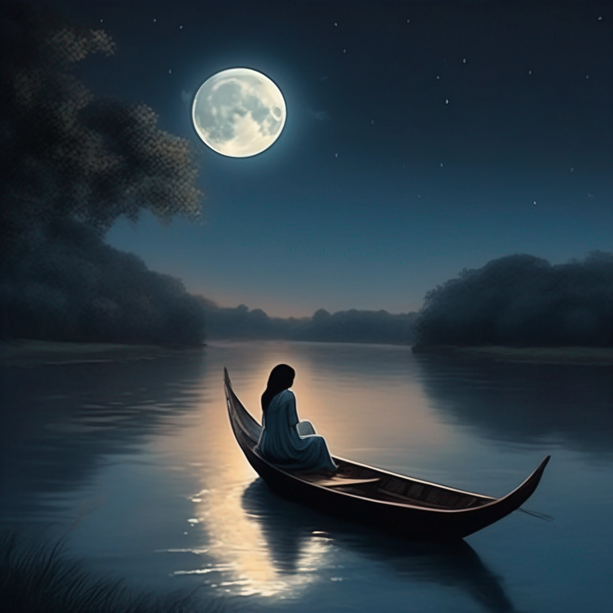 The crescent moon hangs in the air，Soft moonlight spills on the surface of the river, The river swayed gently, , The woman sat quietly on the boat, The boatman rows，Take it easy