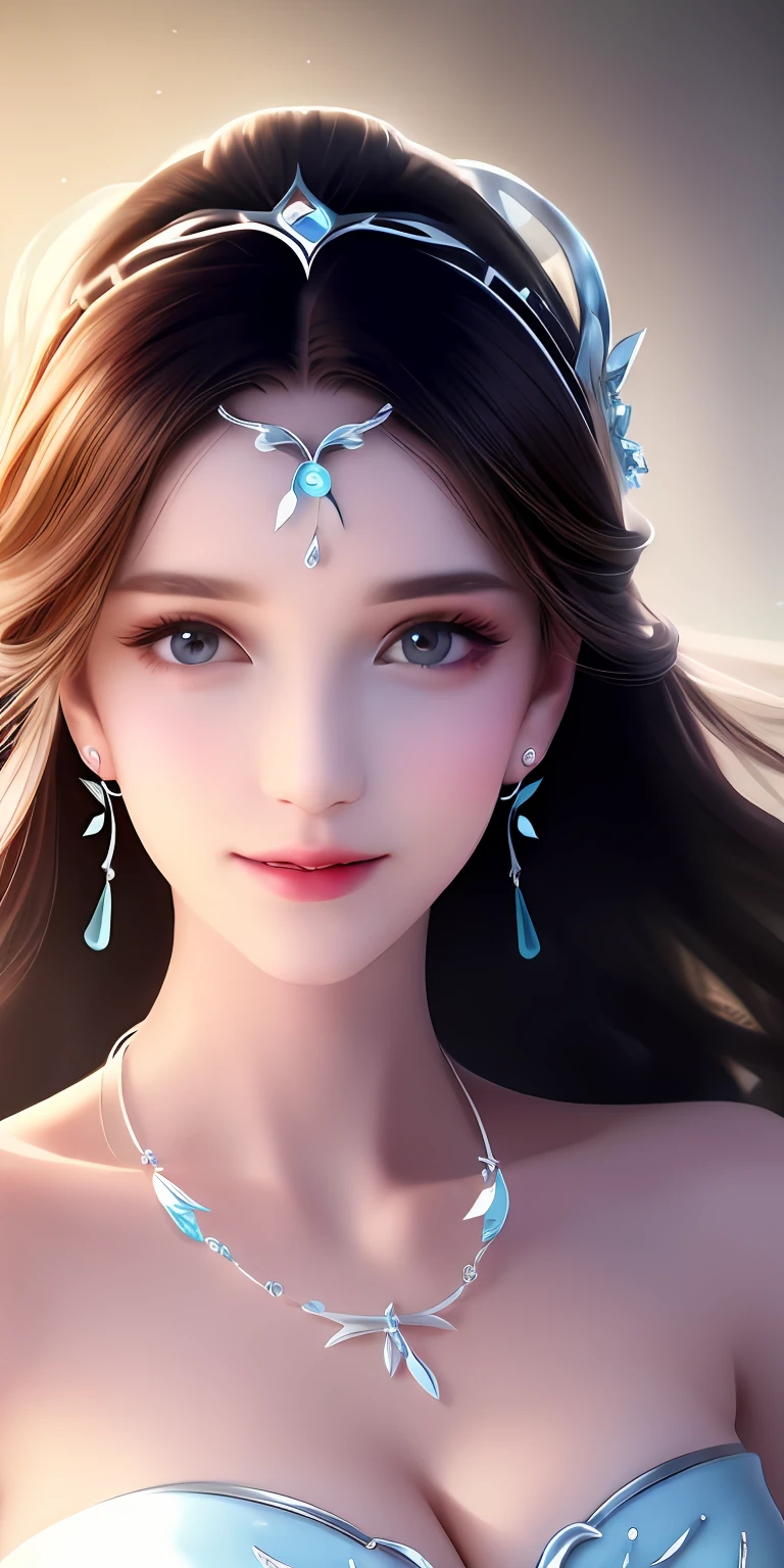 Best quality, masterpiece, high resolution, 1girl, clear silk porcelain dress, beautiful face, hair accessories, looking at the audience, smiling, close your mouth, lips, dress, hair accessories, necklaces, jewelry, long hair, earrings, beautiful face, on the body, Tindal effect, realism, dark studio, edge lighting, two-tone lighting, (high detail skin: 1.2), 8k UHD, DSLR, soft light, high quality, volumetric lighting, photo, high resolution 4K, 8k, blurred background