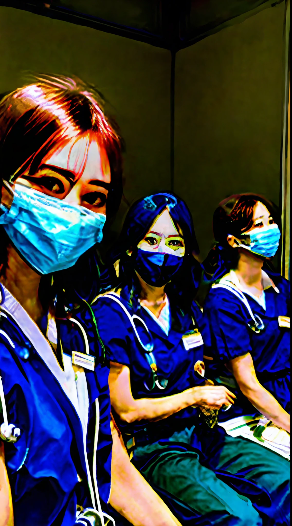 Background hospital ward,Six different doctors, Around 50 years old, Wearing a mask and white overalls,short- sleeved,Sit around the table,Look at the projection screen。