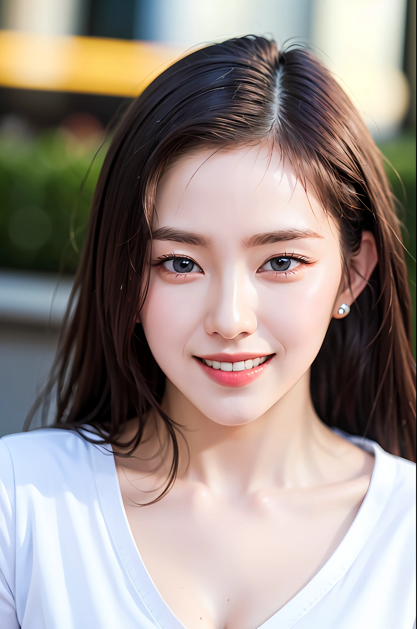 extremely detailed eyes, extremely detailed face, best quality ,masterpiece, extremely detailed, ultra-detailed, (realistic, photo-realistic:1.3), smile, (facing front), looking at viewer, white shirt, sunny day, outdoor, 1girl upperbody