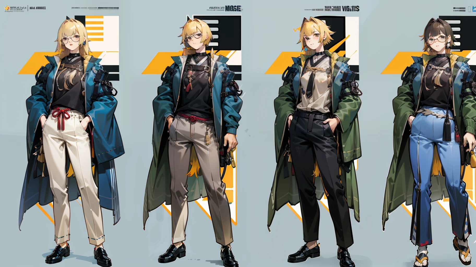 Brownish-yellow hair，Black eyes，White color blouse，Suit pants，Boy student，farms，wears glasses，Black English leather shoes，fanart，detail-rich, Highly detailed character design, beautiful full-body concept art, Great character design, detailed anime character art, character design art, high quality character design, Detailed character design, [ Character design ]，[Multi-angle characters:head，trappings，shoe，clothes details] ，Japanese painted manga style