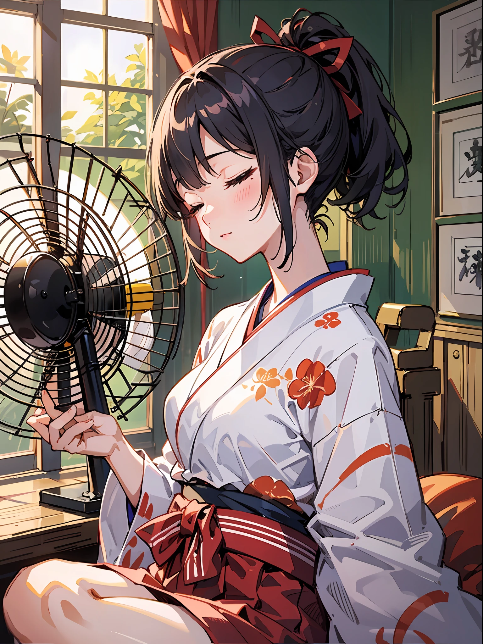 masutepiece, ultra-quality, Super Detail, Perfect drawing, beautiful girl in loincloth, Japan outfit, (((Sleep with your eyes closed))), rampage、Big ass, Samurai, in yukata, Black ponytail, Hair tied up with a large red ribbon,blush (0.2),traditional Japanese room、natta、hot、indirect lighting、electric fan、mosquito coil、The wind is beautiful, Beautiful background, Accurate drawing, detailed drawin