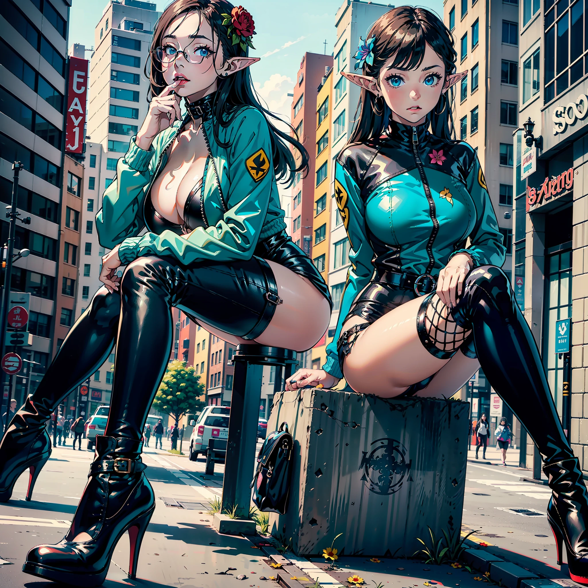  sitting on the ground，Wear leggings and fishnet socks，There was a flower in his long hair，Wearing a blue latex jacket，exhibitionists，Large breasts，Raised sexy，A black face，ears of elf，high heels boots，Art germ，anime artsyle，Realistic painting，Sots Art