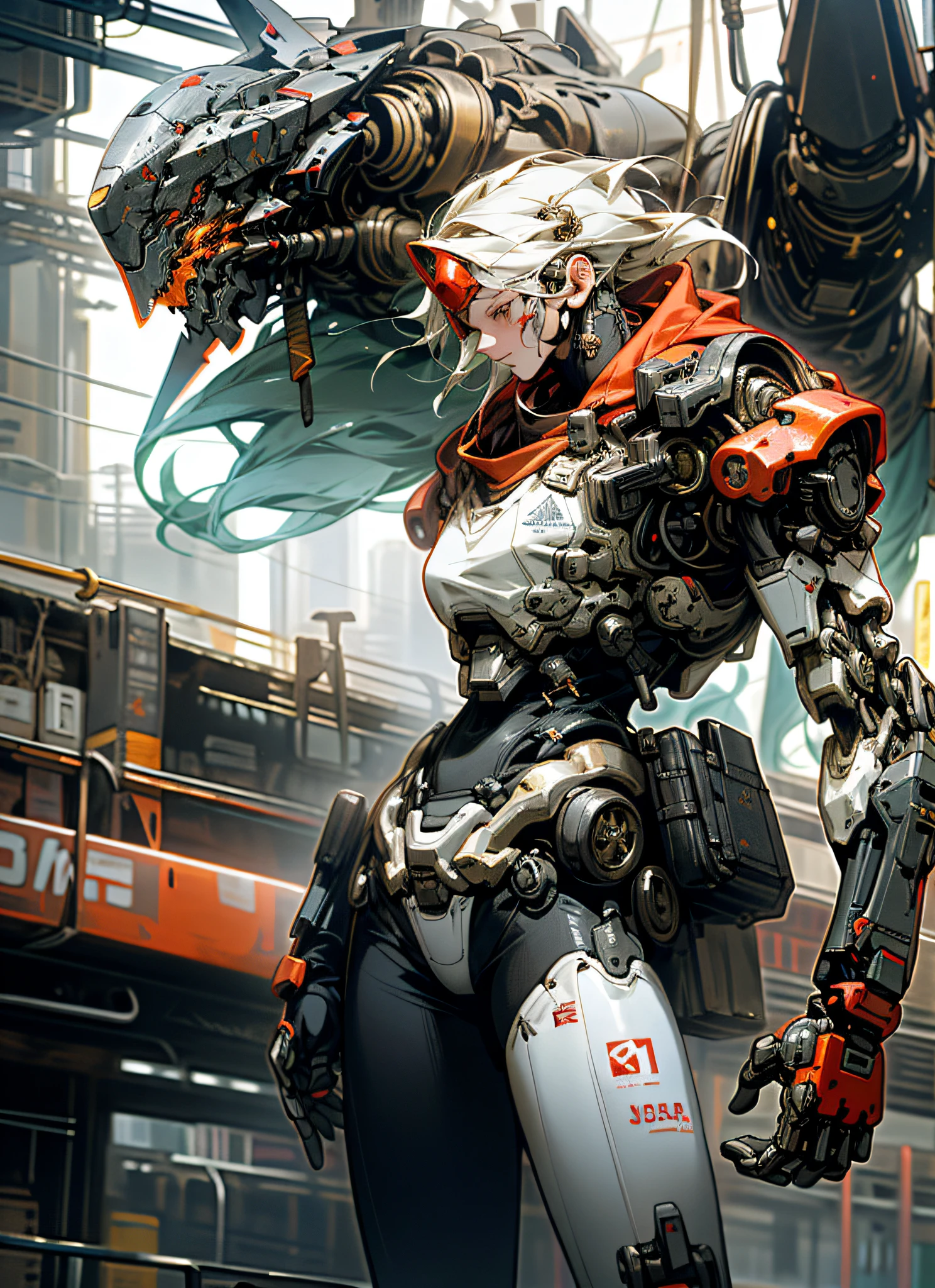 Dark_Fantasy,Cyberpunk,(chain saw man,Red:1.1),1girl,Mechanical marvel,Robotic presence,Cybernetic guardian, wearing a worn-out mech suit, intricate, (steel metal [rusty]), elegant, clear focus, shot by greg rutkowski, soft lighting, vibrant colors, masterpiece, ((street)), 8k, dynamic ilumination, dynamic shadows, reflects, dynamic pose,