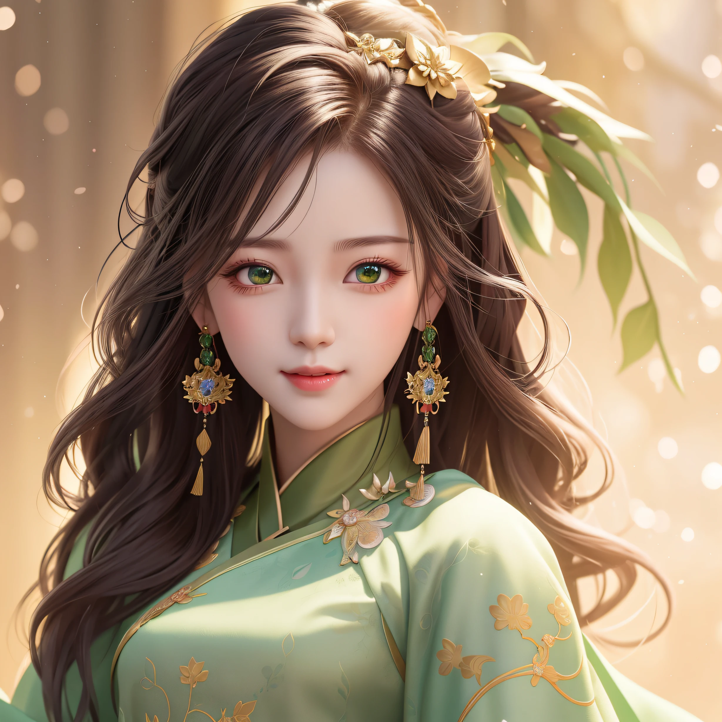 There was a woman with long hair in a green dress, Guviz-style artwork, Palace ， A girl in Hanfu, Beautiful character painting, trending on cgstation, Guviz, Chinese girl, Fantasy art style, Beautiful digital artwork, a beautiful fantasy empress, Chinese style, by Yang J, By Li Song, guweiz masterpiece，With a charming smile on his face，Foxy hooks people's eyes，The sun hits the face，Set off her charm