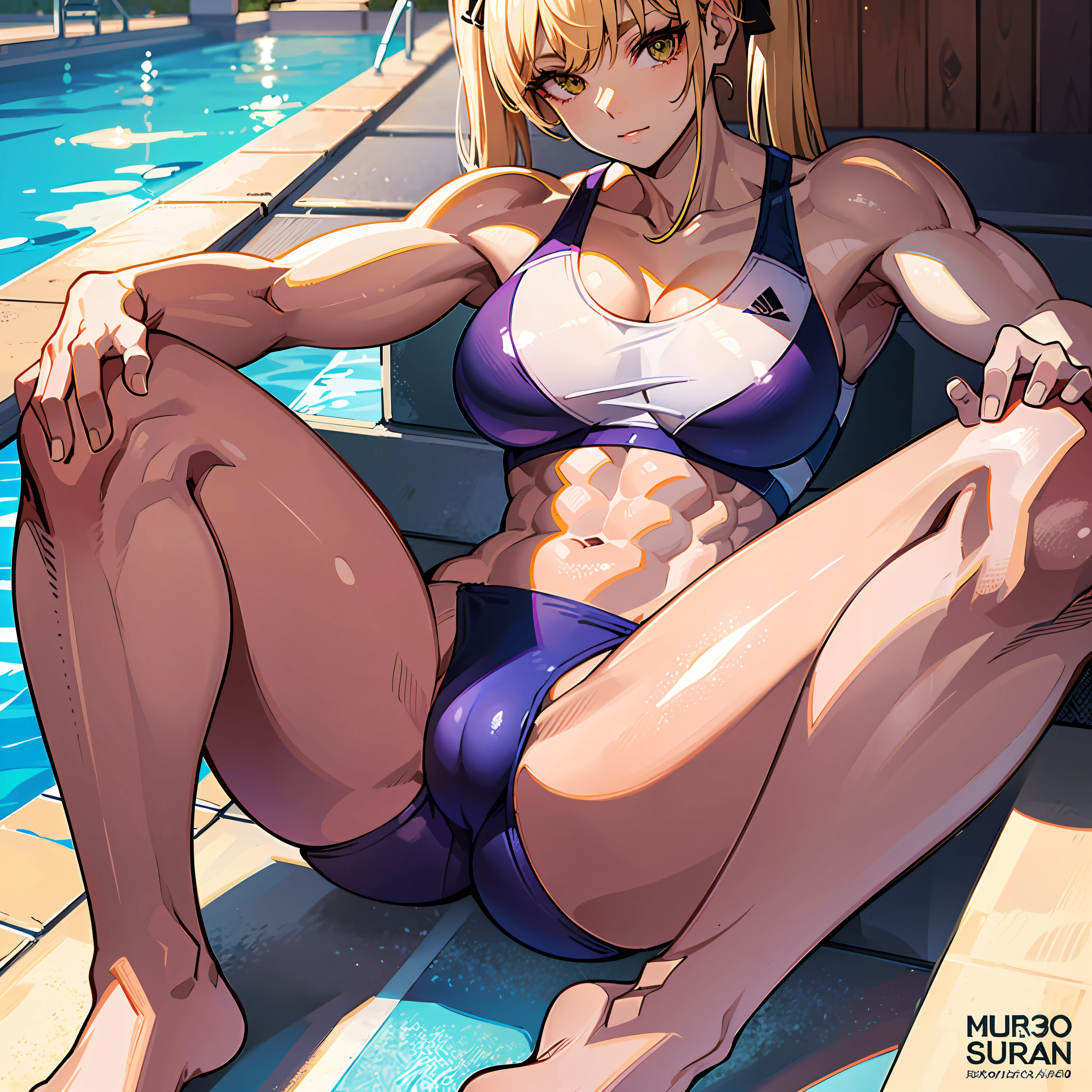 ((masterpiece))、((Top image quality))、((top-quality))、(((Illustration of one woman)))、(((Muscle Girl)))、full body Esbian、((30-years old))、((neuter))、((Blonde twintails))、Light golden eyes、((Long body))、(((Muscular and strong body)))、((Split abs))、(((muscular and thick arms)))、(((muscular and thick legs)))、((manspreading))、((Sports Swimwear))、Sitting on a deck chair、in poolside